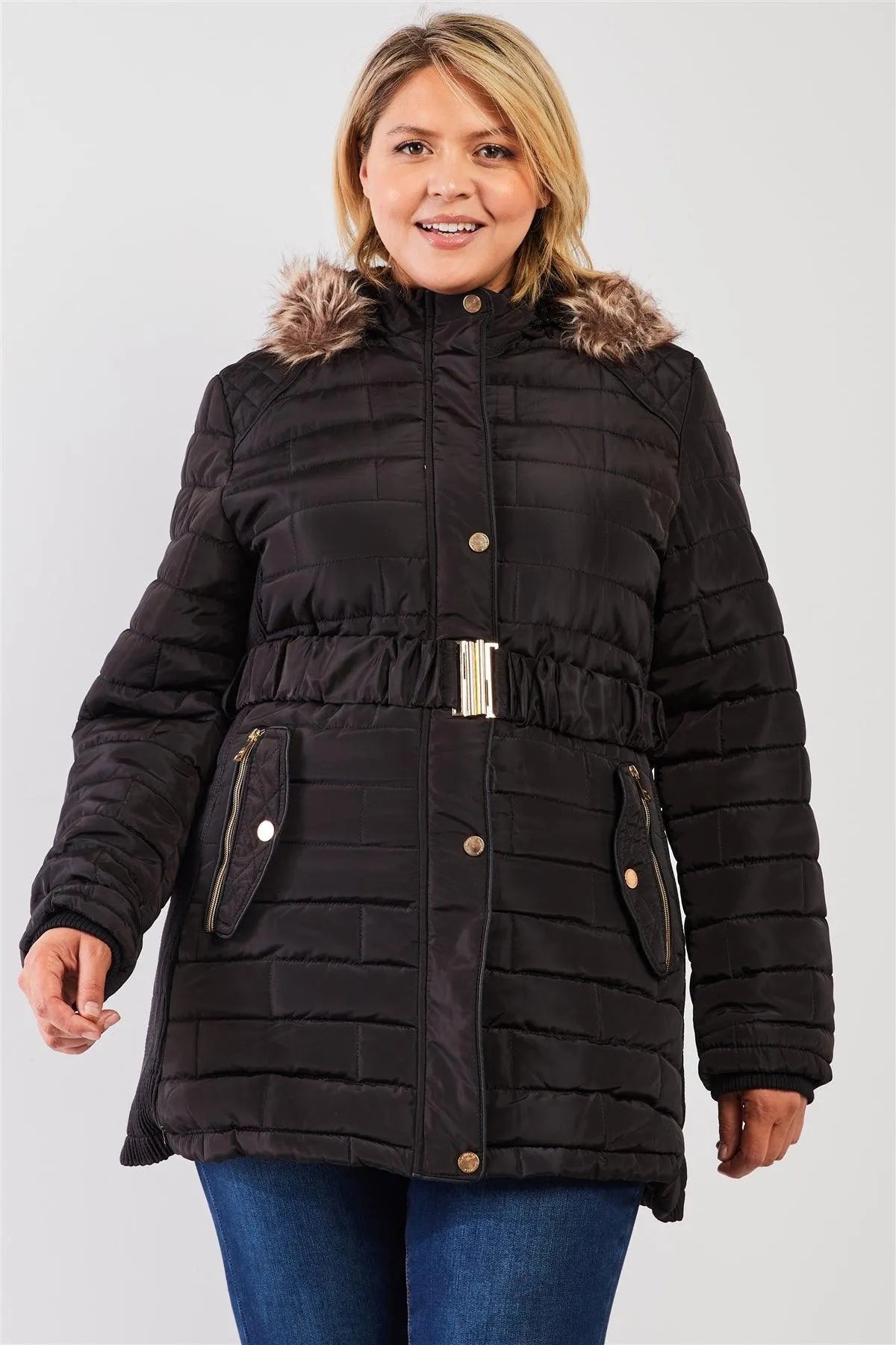Junior Plus Black Diamond Quilt Faux Fur Hood Belted Padded Long Puffer Jacket - Tasha Apparel Wholesale