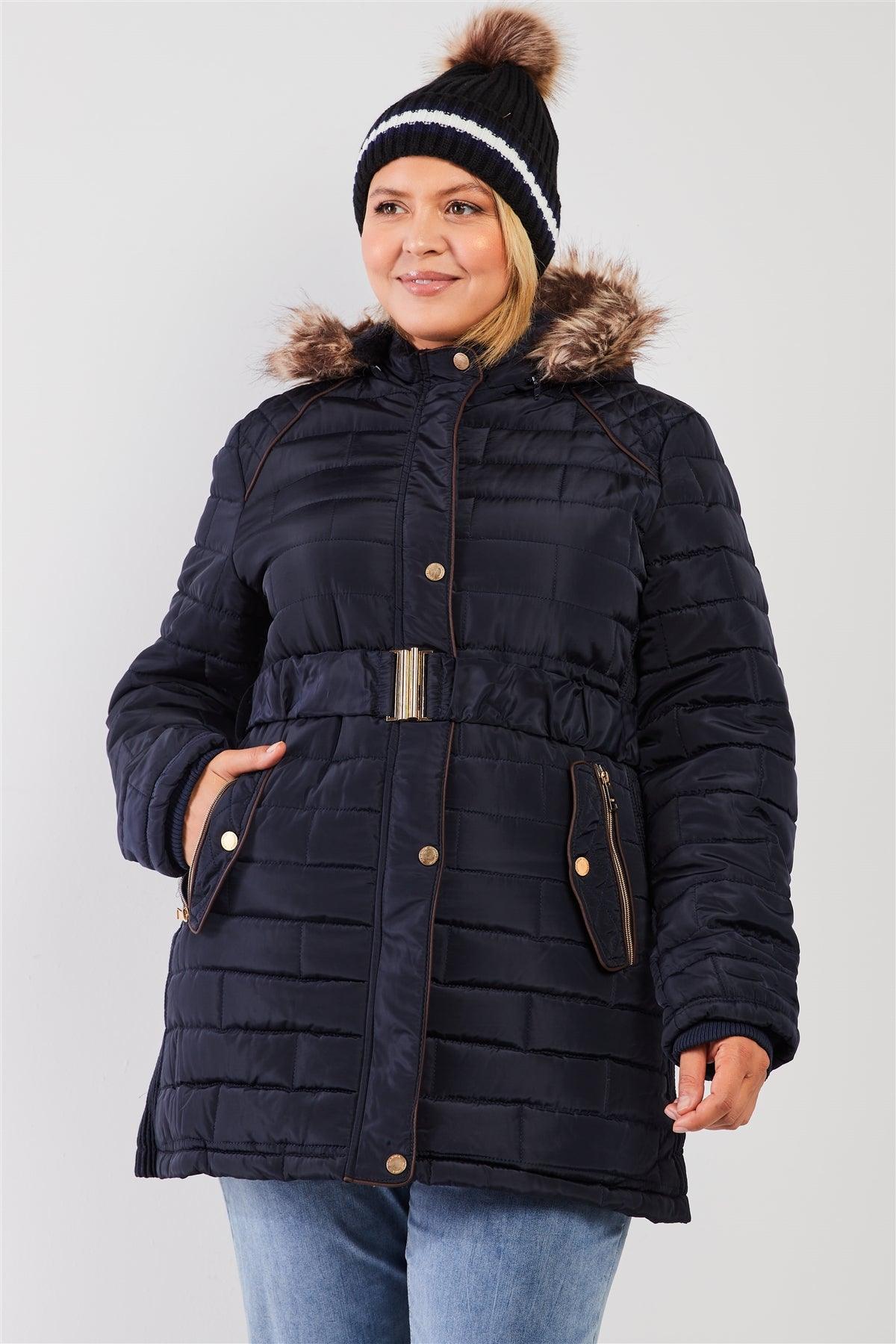 Junior Plus Navy Diamond Quilt Faux Fur Hood Belted Padded Long Puffer Jacket