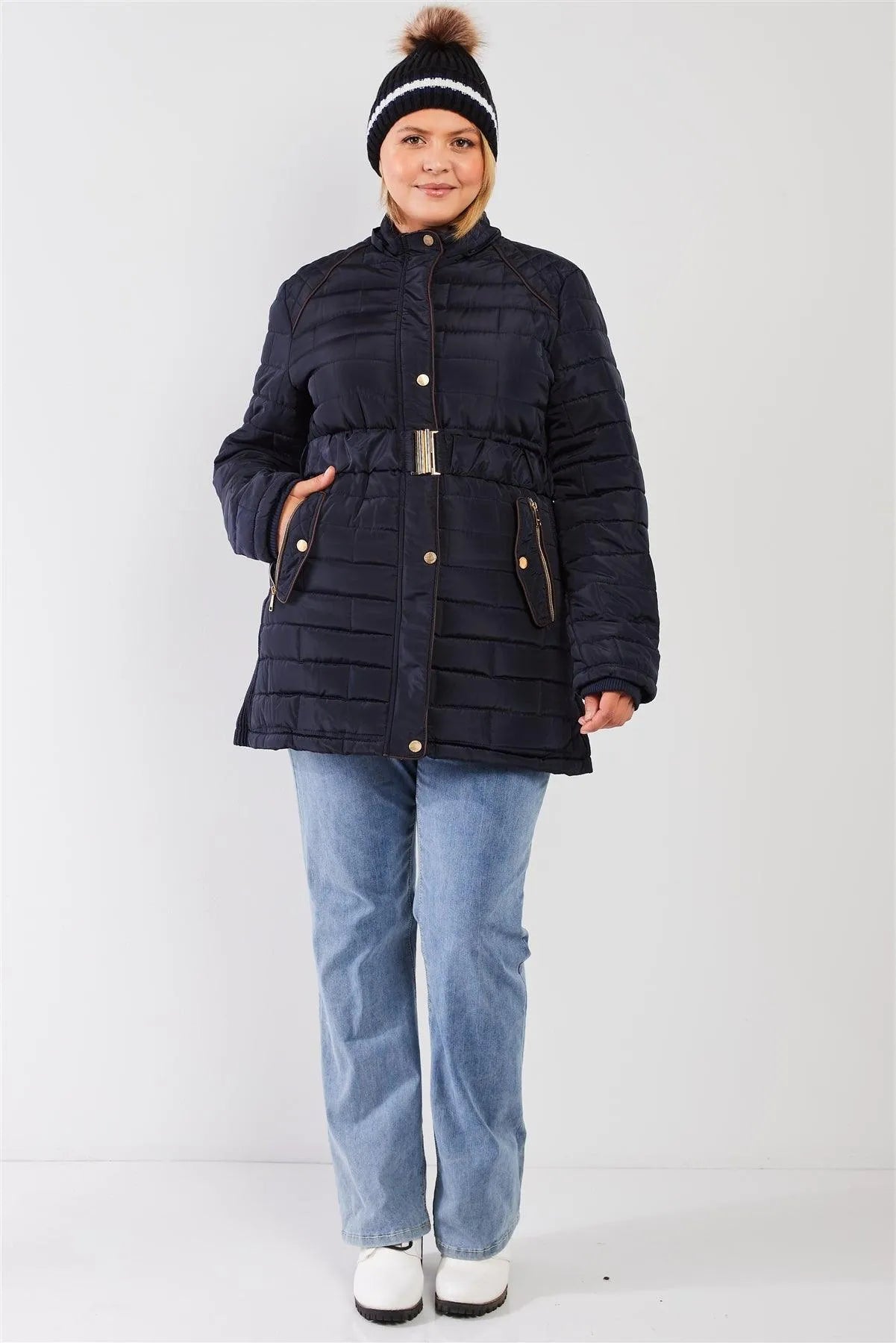 Junior Plus Navy Diamond Quilt Faux Fur Hood Belted Padded Long Puffer Jacket /1-1-1-1 - Tasha Apparel Wholesale