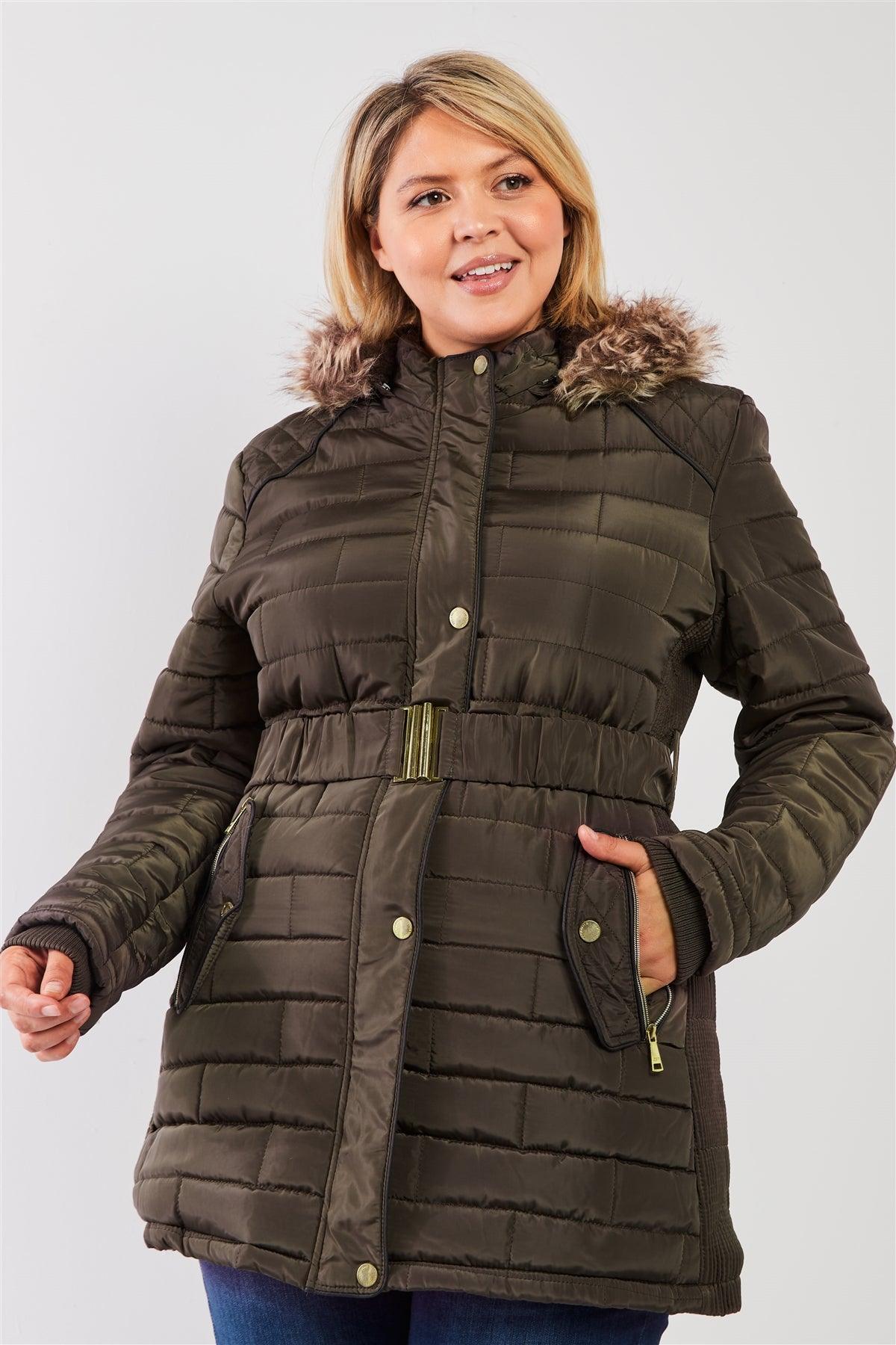 Junior Plus Olive Grey Diamond Quilt Faux Fur Hood Belted Padded Long Puffer Jacket