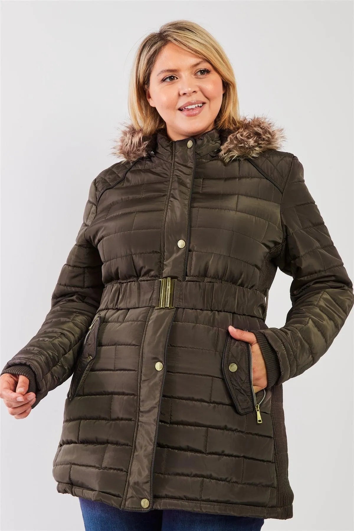 Junior Plus Olive Grey Diamond Quilt Faux Fur Hood Belted Padded Long Puffer Jacket - Tasha Apparel Wholesale