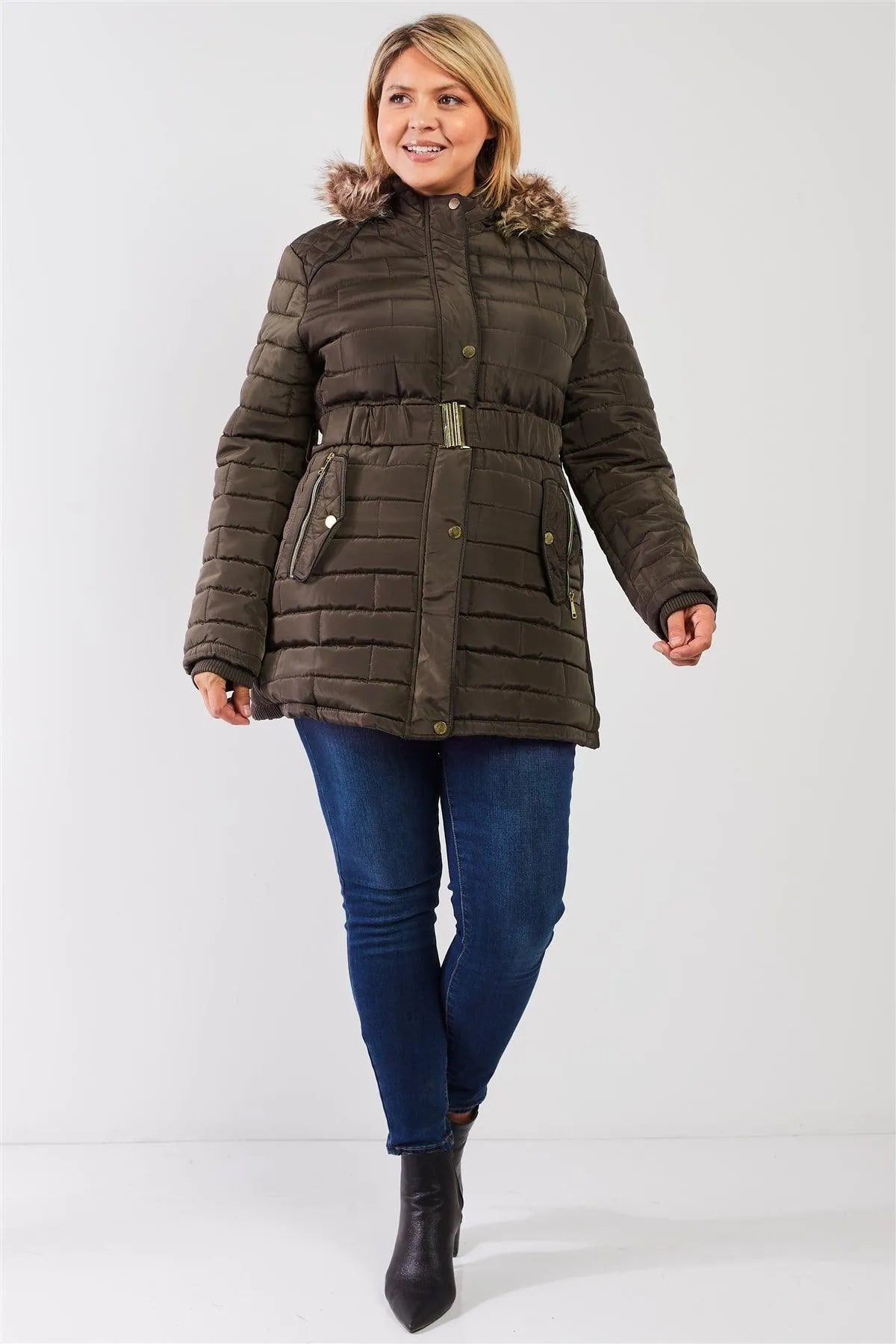 Junior Plus Olive Grey Diamond Quilt Faux Fur Hood Belted Padded Long Puffer Jacket /2-2 - Tasha Apparel Wholesale
