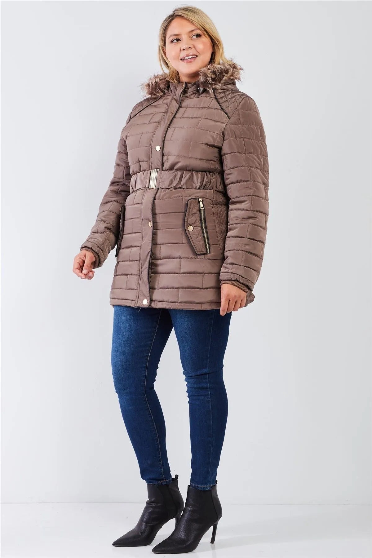 Junior Plus Taupe Brown Diamond Quilt Faux Fur Hood Belted Padded Long Puffer Jacket - Tasha Apparel Wholesale