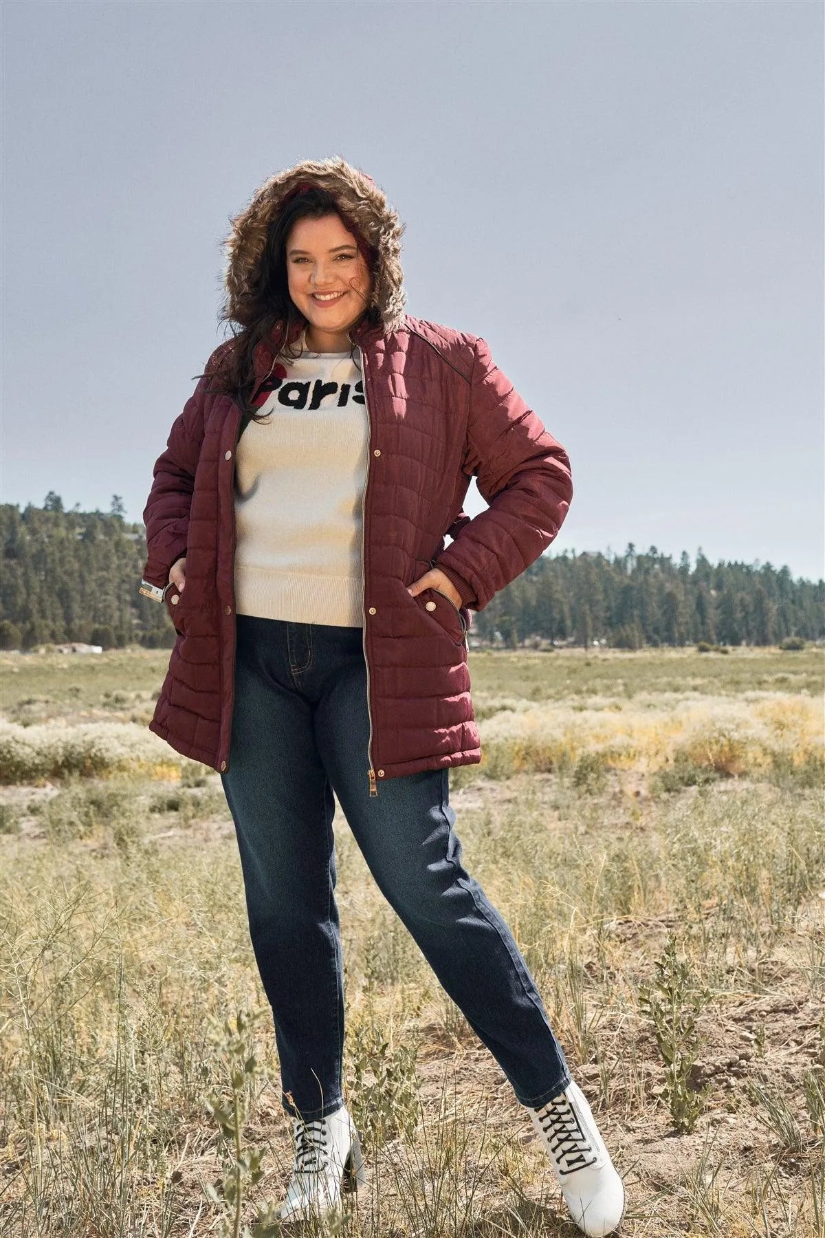 Junior Plus Wine Diamond Quilt Faux Fur Hood Belted Padded Long Puffer Jacket /1-1-1-1 - Tasha Apparel Wholesale