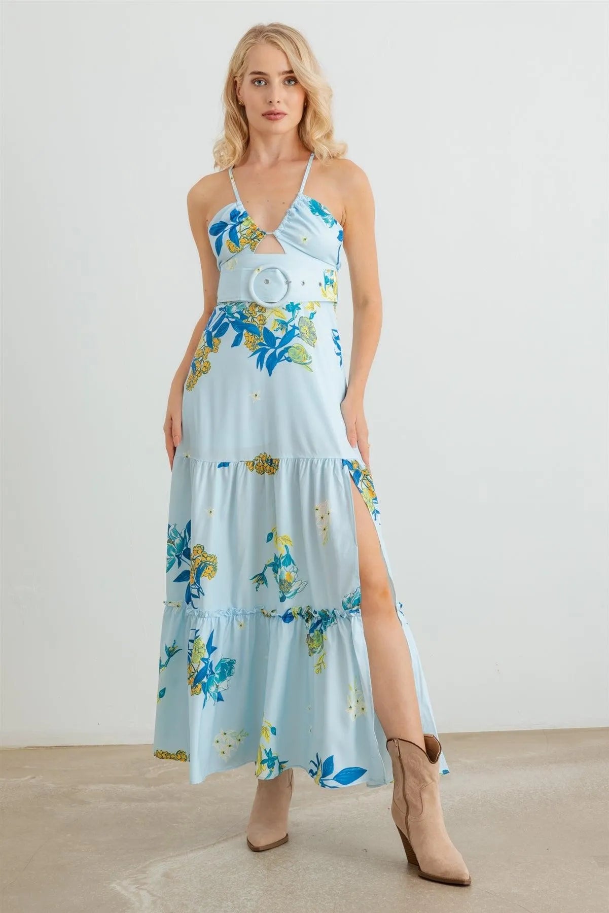 Floral Halter Neck Belted Flare Hem Maxi Dress