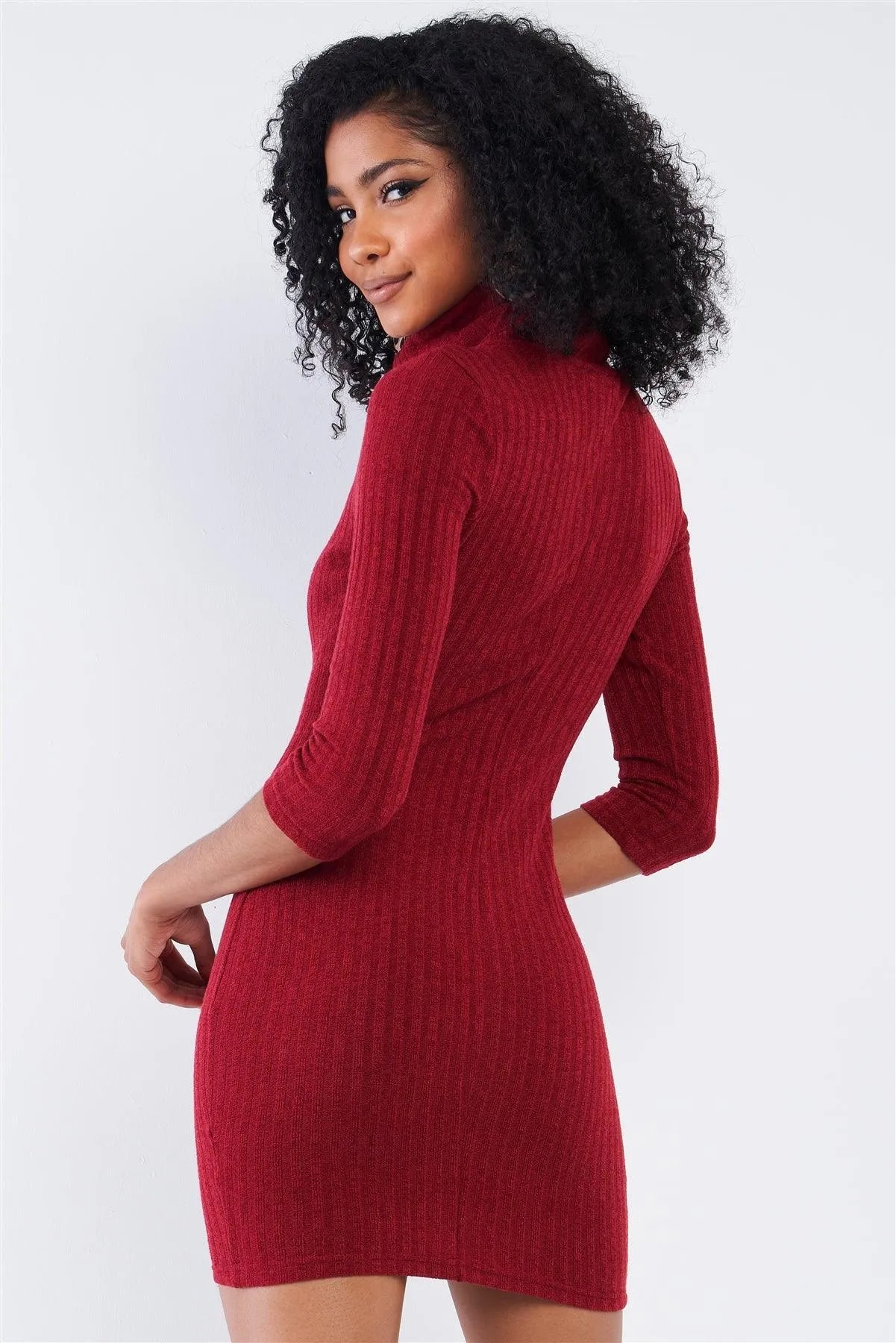 Burgundy Red Light Ribbed Tight Fit Midi Sleeve Turtleneck Sweater Mini Dress /2-2-3 - Tasha Apparel Wholesale