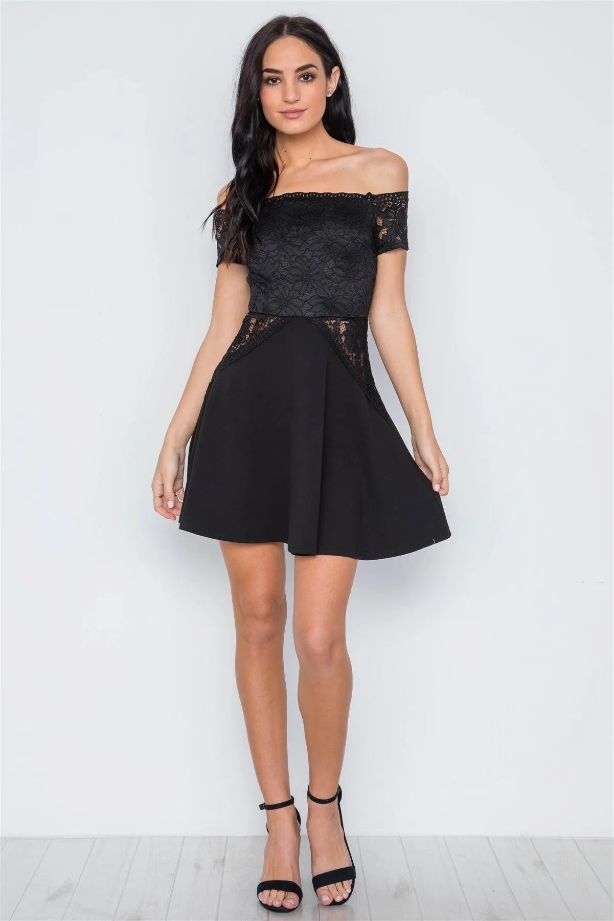 Black Floral Lace Off-The-Shoulder Skater Mini Dress /2-2-2 - Tasha Apparel Wholesale