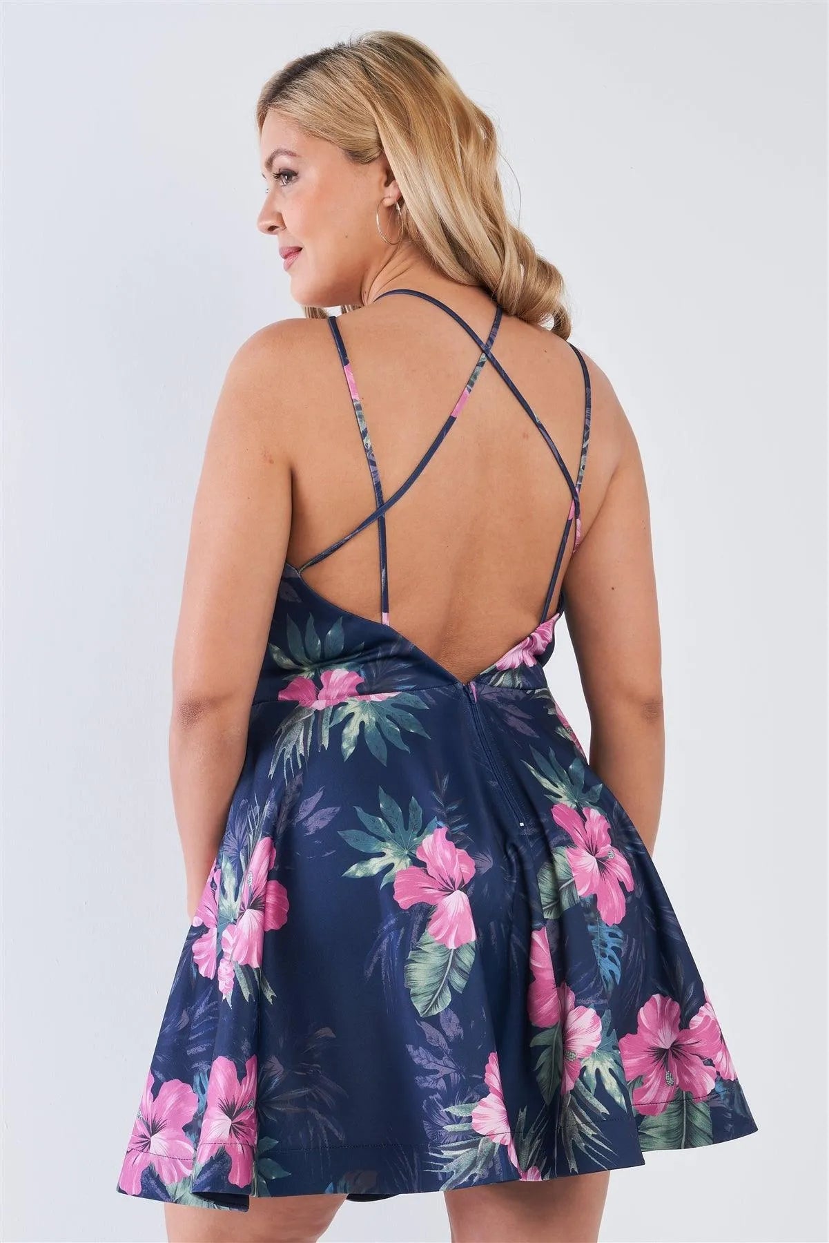 Junior Plus Size Navy Tropical Print Square Neckline Strappy Open Back Flare Mini Dress /2-2-2 - Tasha Apparel Wholesale