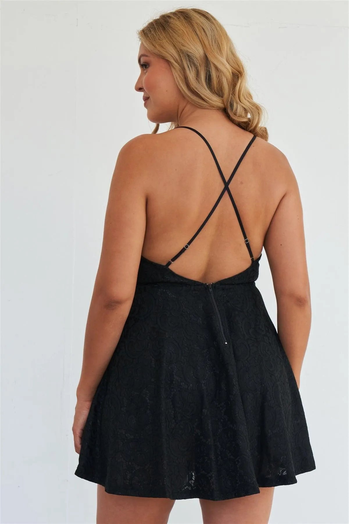 Junior Plus Size Black Criss Cross Cami Adjustable Strap Floral Embroidered Black Mini Summer Dress /2-2-2 - Tasha Apparel Wholesale