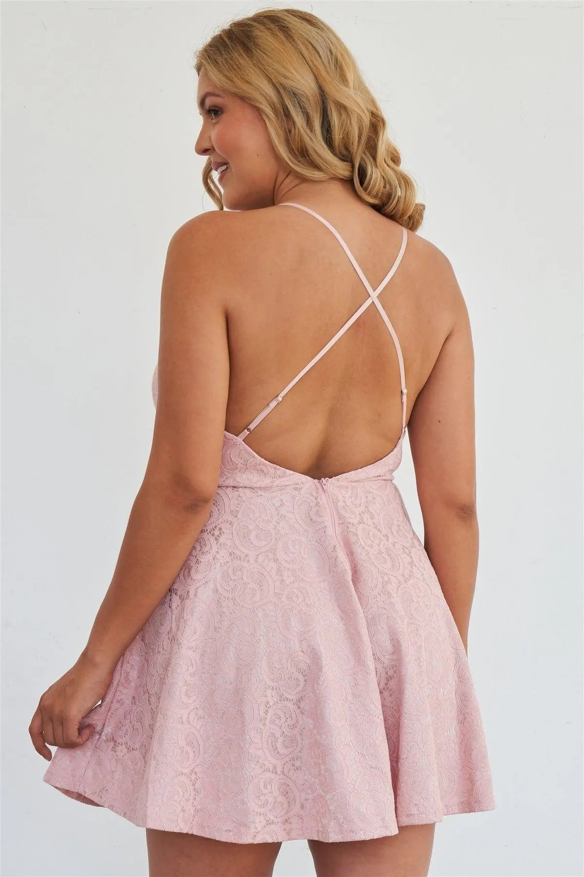 Junior Plus Size Pink Criss Cross Cami Adjustable Strap Floral Embroidered Pink Mini Summer Dress /2-2-2 - Tasha Apparel Wholesale