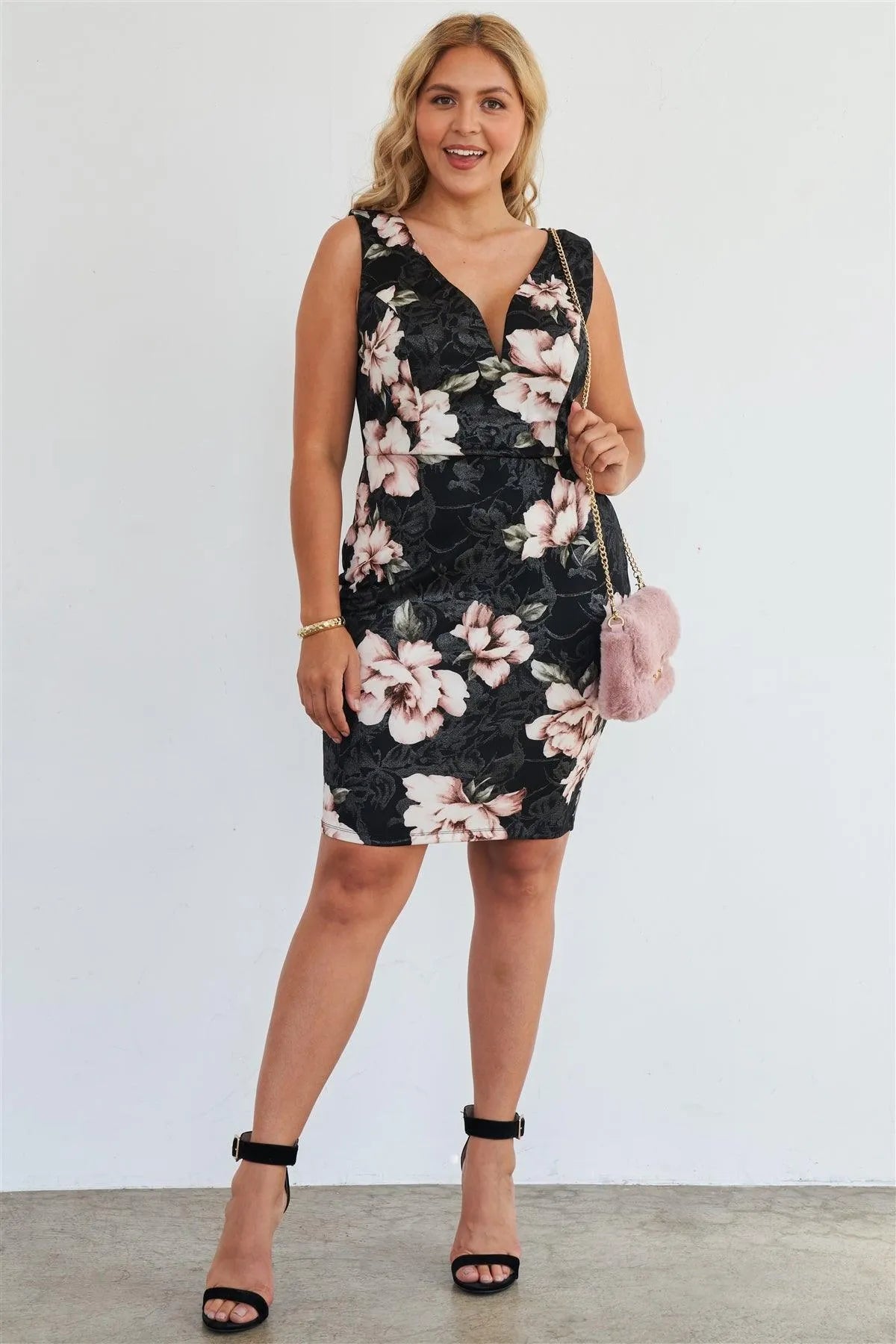 Junior Plus Size Silver Pink Floral Print Bodycon Lace Up Back Midi Dress /1-2-2-1 - Tasha Apparel Wholesale
