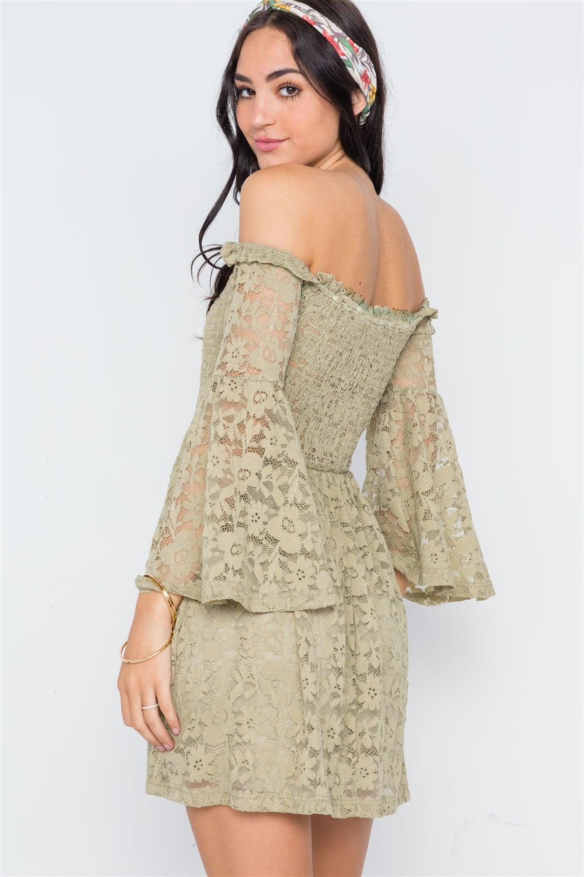 Boho Sage Floral Lace Off-the-Shoulder Mini Dress /2-2-2