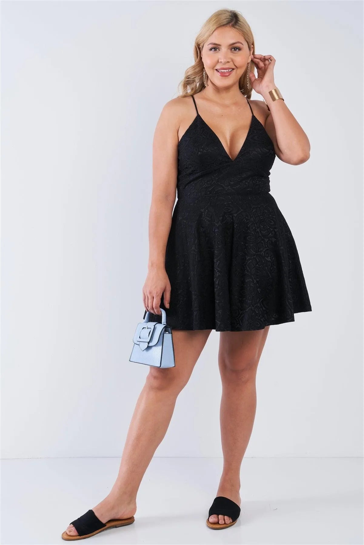 Junior Plus Size Black V-Neck Floral Lace Raceback Flare Skirt Mini Dress /2-2-2 - Tasha Apparel Wholesale