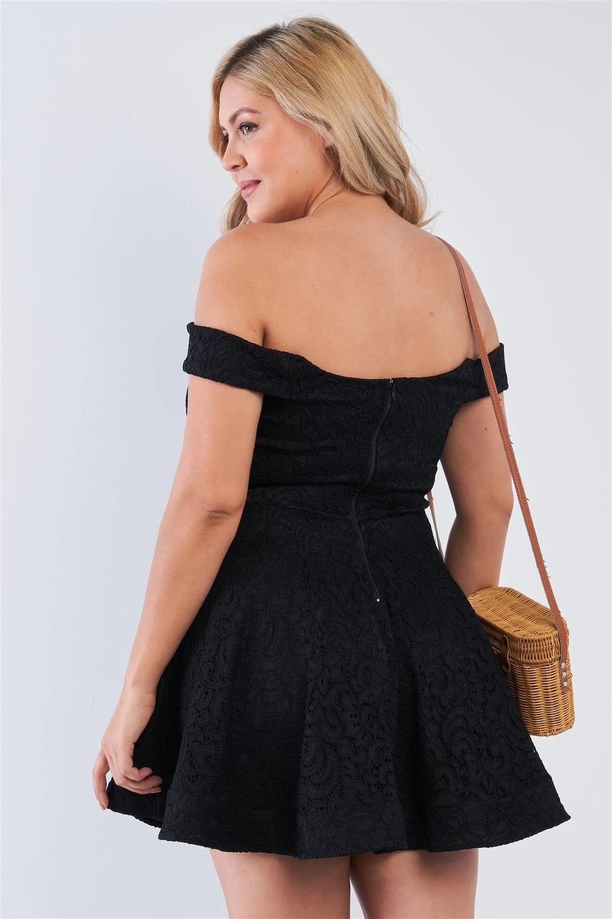 Junior Plus Size Black Floral Lace V-Neck Off The Shoulder Mini Flare Dress /2-1-1 - Tasha Apparel Wholesale