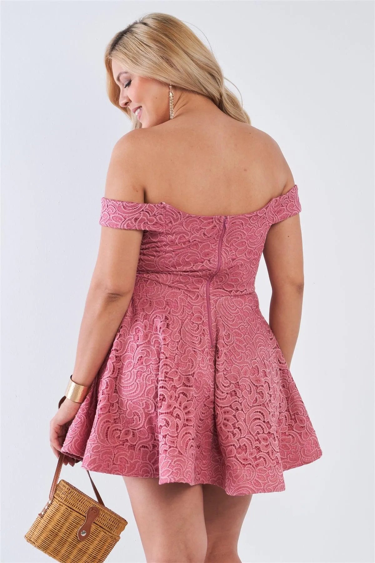 Junior Plus Size Mauve Floral Lace V-Neck Off The Shoulder Mini Flare Dress /2-2-2 - Tasha Apparel Wholesale
