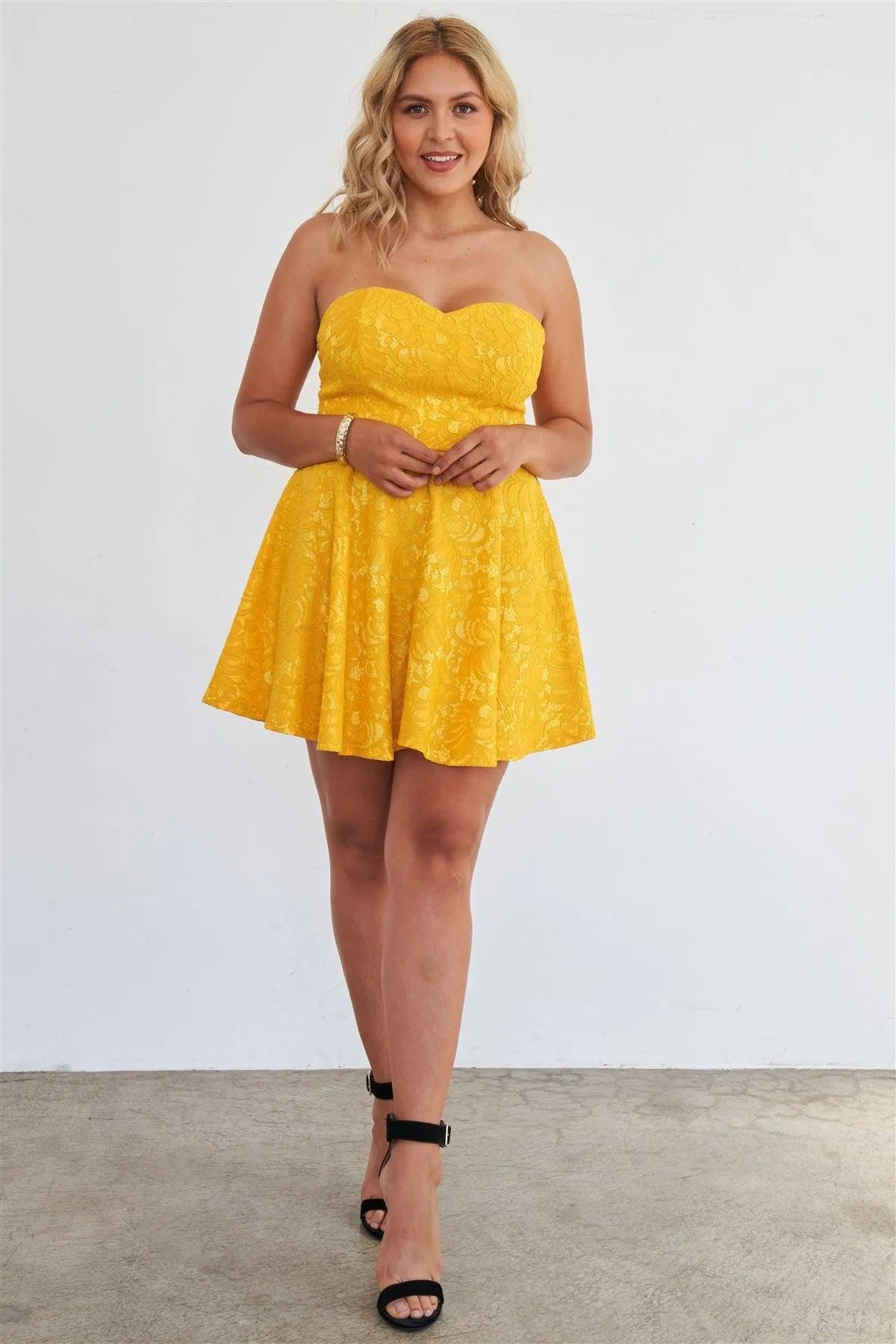 Junior Plus Size Sun Flower Yellow Floral Lace Embroidered Flare Mini Dress /2-1-1 - Tasha Apparel Wholesale