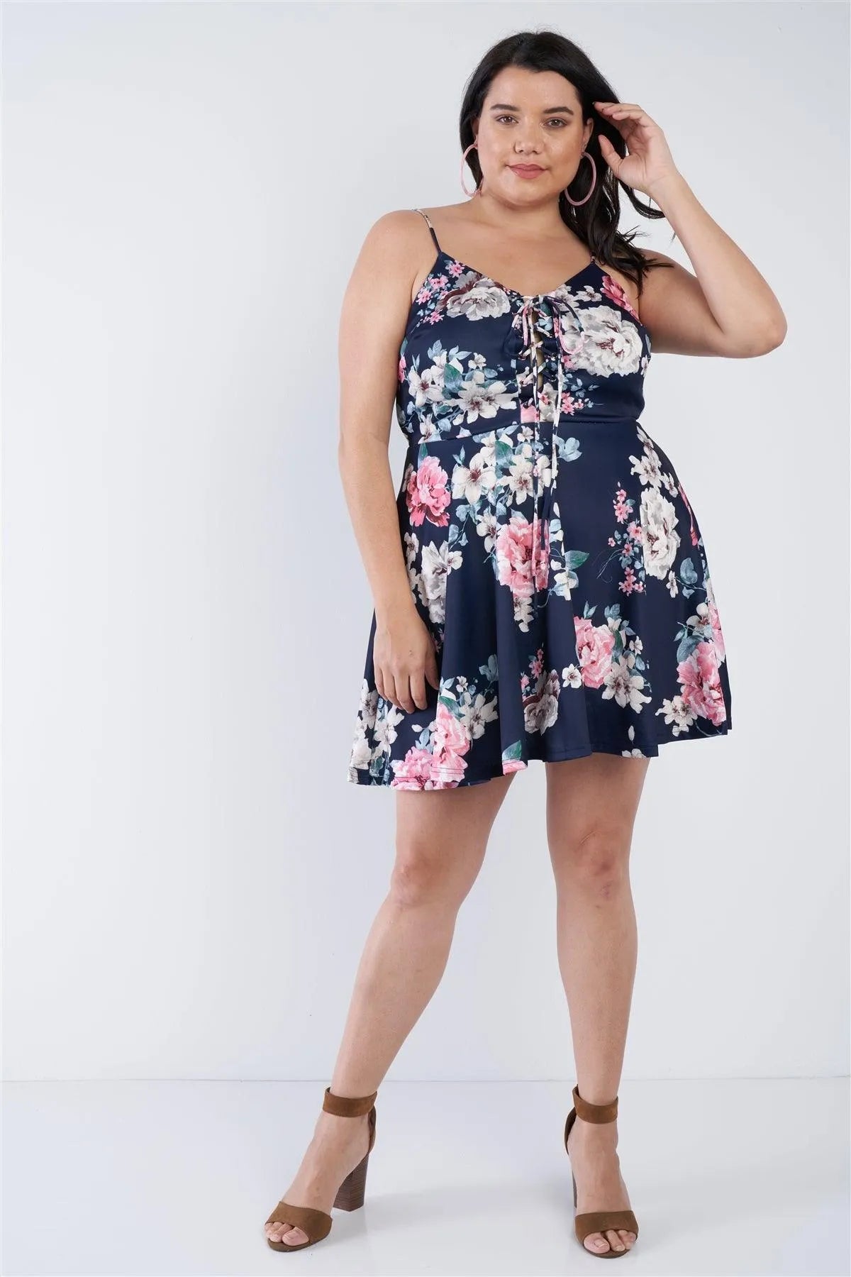Junior Plus Size Navy Floral Mini Corset Dress /1-2-2 - Tasha Apparel Wholesale