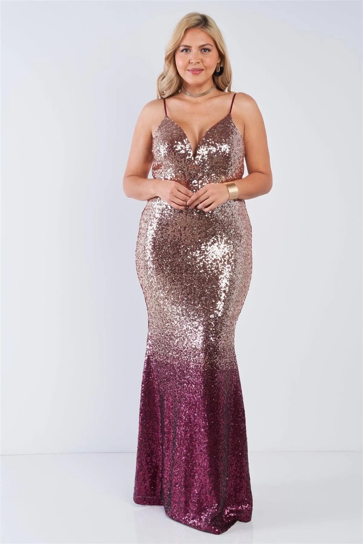 Junior Plus Size Multi Color Sequin Ombre V-Neck Gown /2-1-1 - Tasha Apparel Wholesale