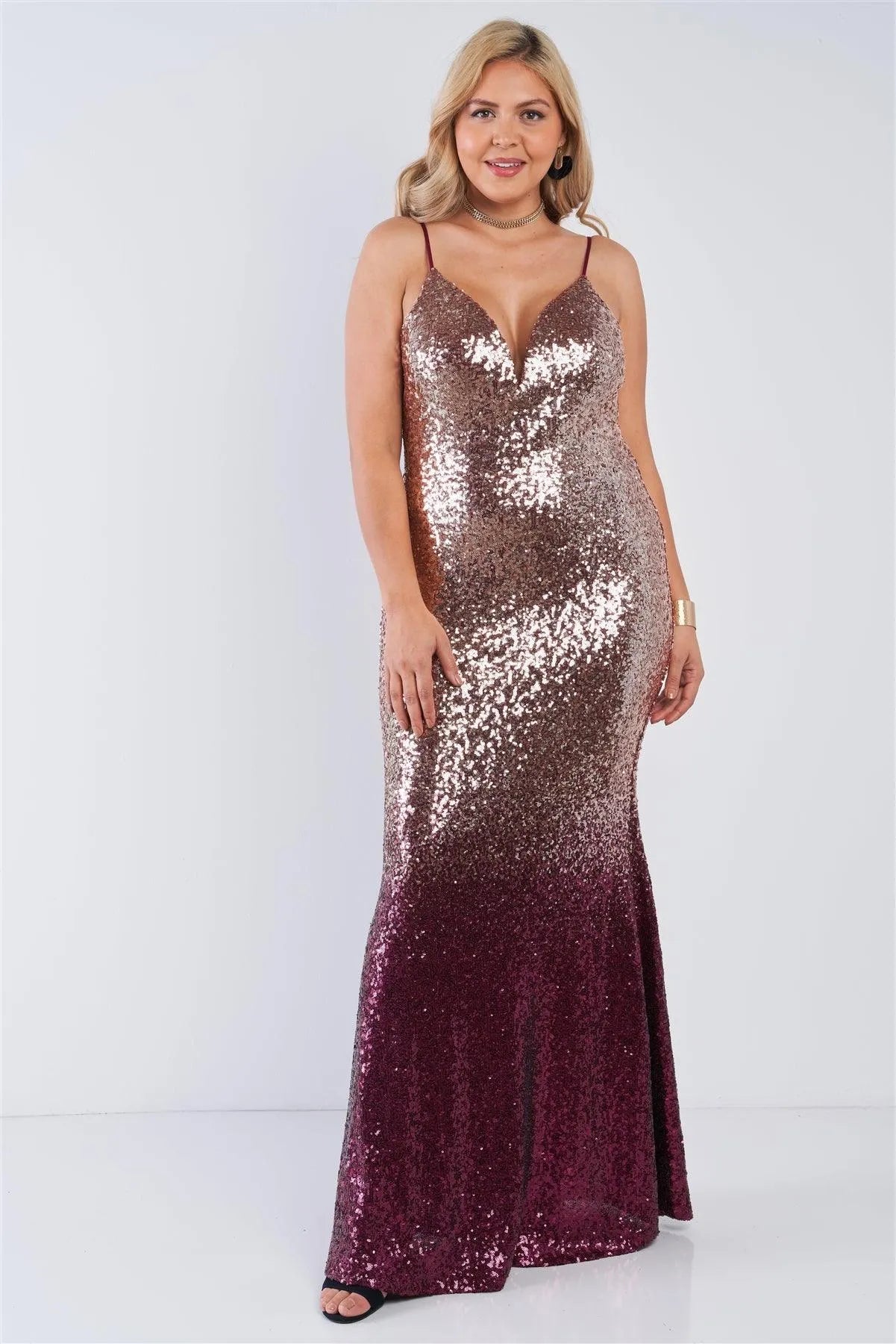 Junior Plus Size Multi Color Sequin Ombre V-Neck Gown /2-2-2 - Tasha Apparel Wholesale