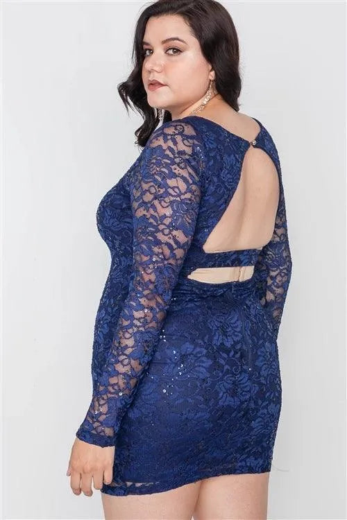 Plus Size Navy Lace Open Back Bodycon Mini Dress - Tasha Apparel Wholesale