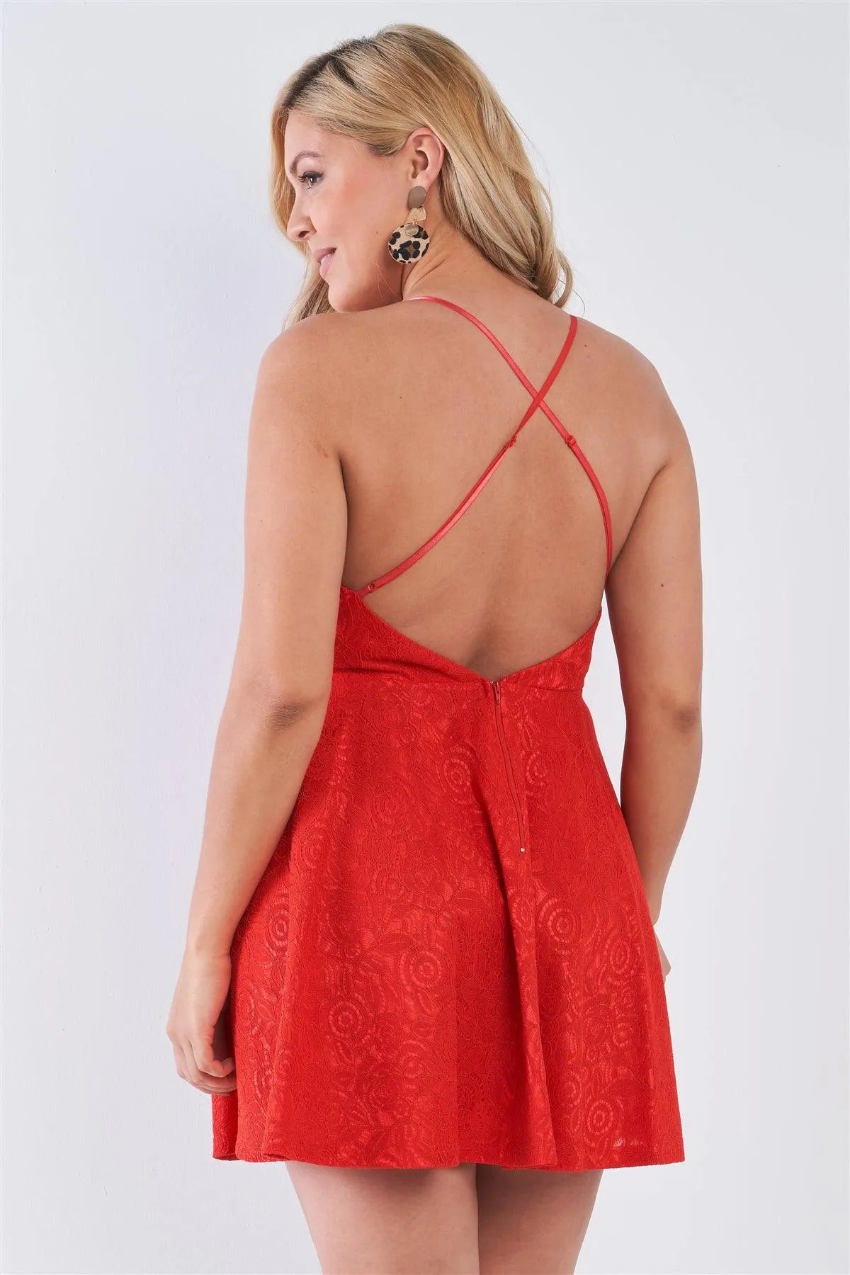 Junior Plus Size Red Lace Halter Neck Open Back Criss Cross Mini Dress /3-2-2 - Tasha Apparel Wholesale