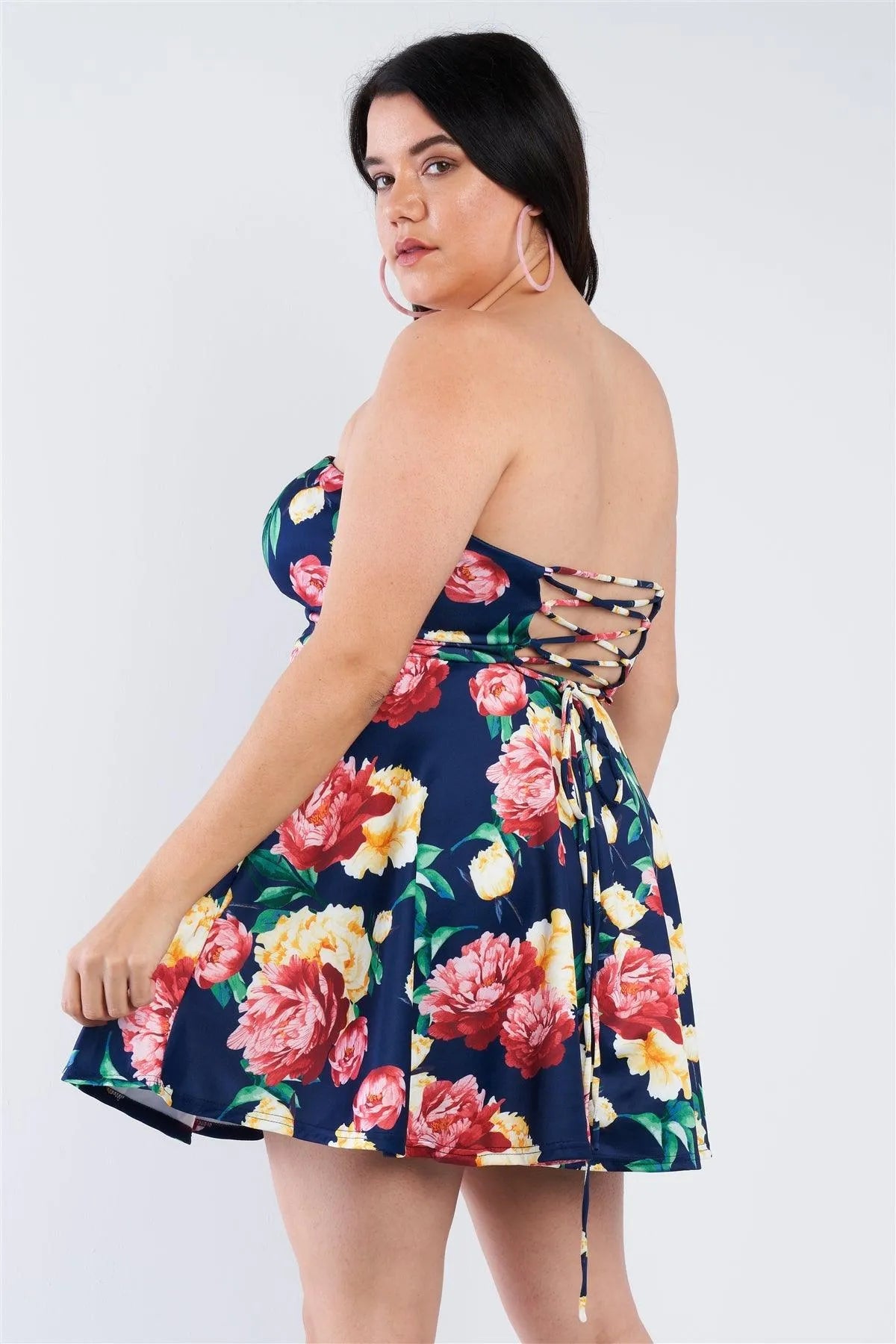 Junior Plus Size Navy Multi Floral Sweetheart Dress /1-1-1 - Tasha Apparel Wholesale