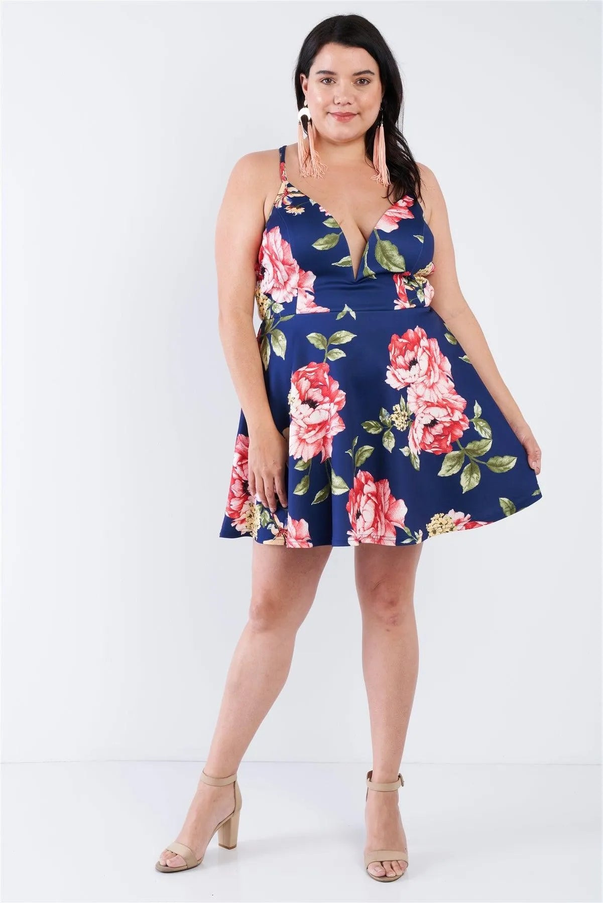 Junior Plus Size Navy Floral Plunging V-Neck Open Back Skater Mini Dress /2-2-2 - Tasha Apparel Wholesale