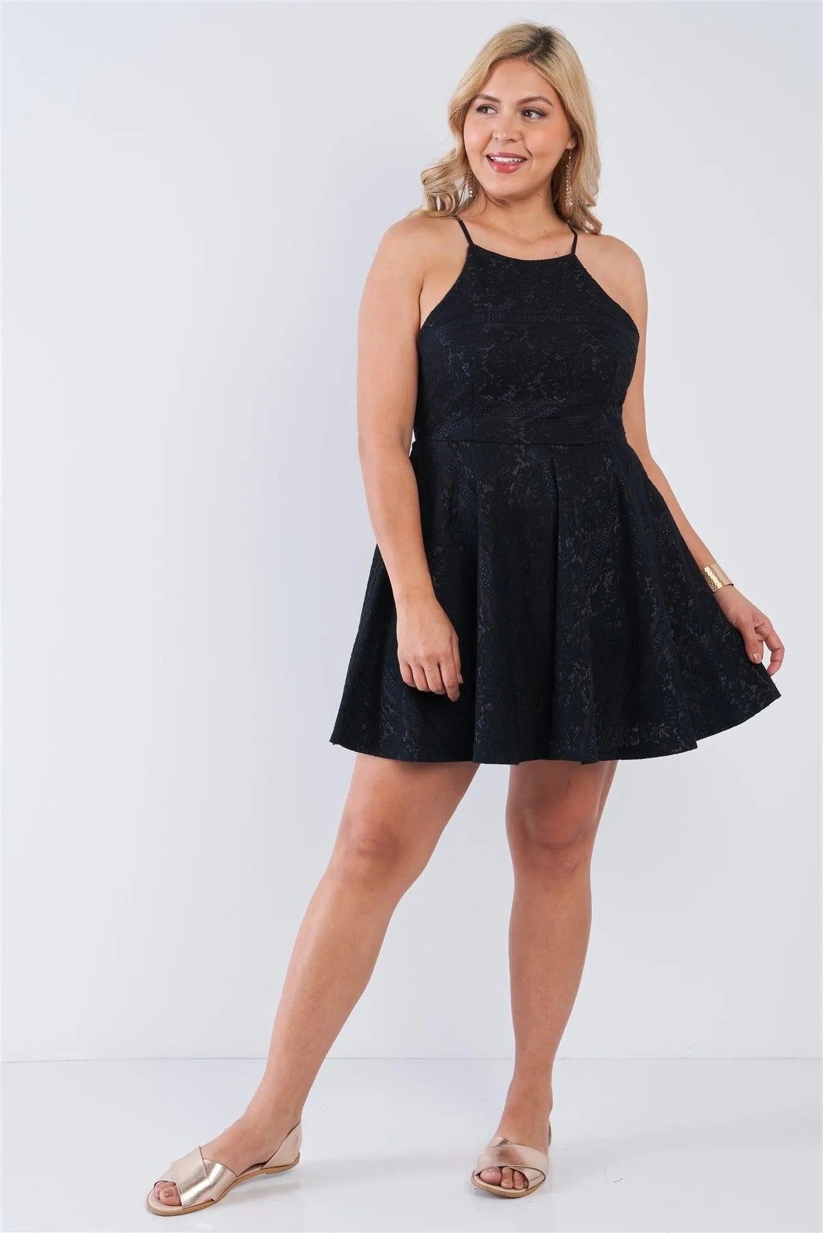 Junior Plus Size Black Floral Lace Square Neckline Criss Cross Open Back Flare Mini Dress /2-1-1 - Tasha Apparel Wholesale