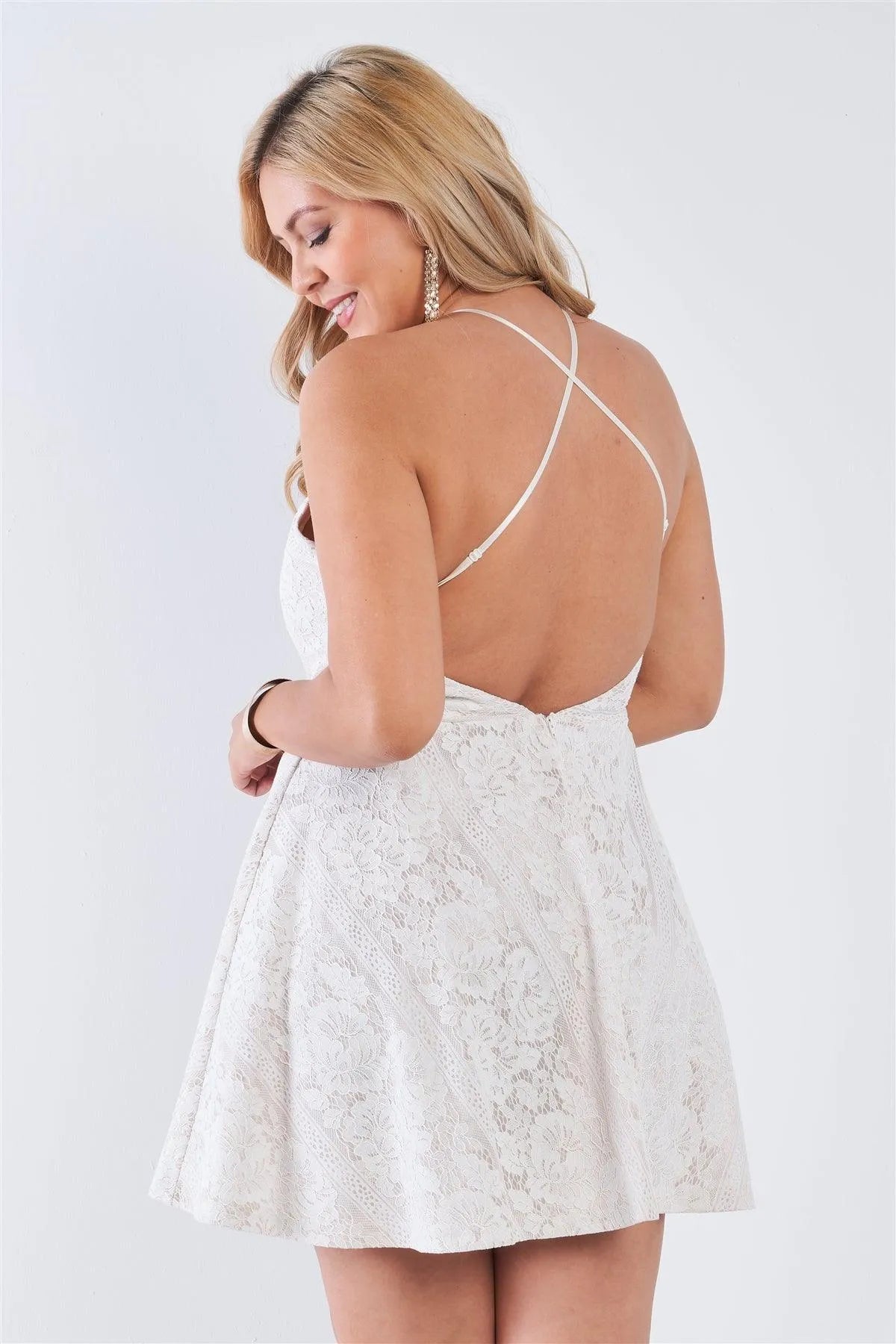 Junior Plus Size Off-White Floral Lace Square Neckline Criss Cross Open Back Flare Mini Dress /3-2-2 - Tasha Apparel Wholesale