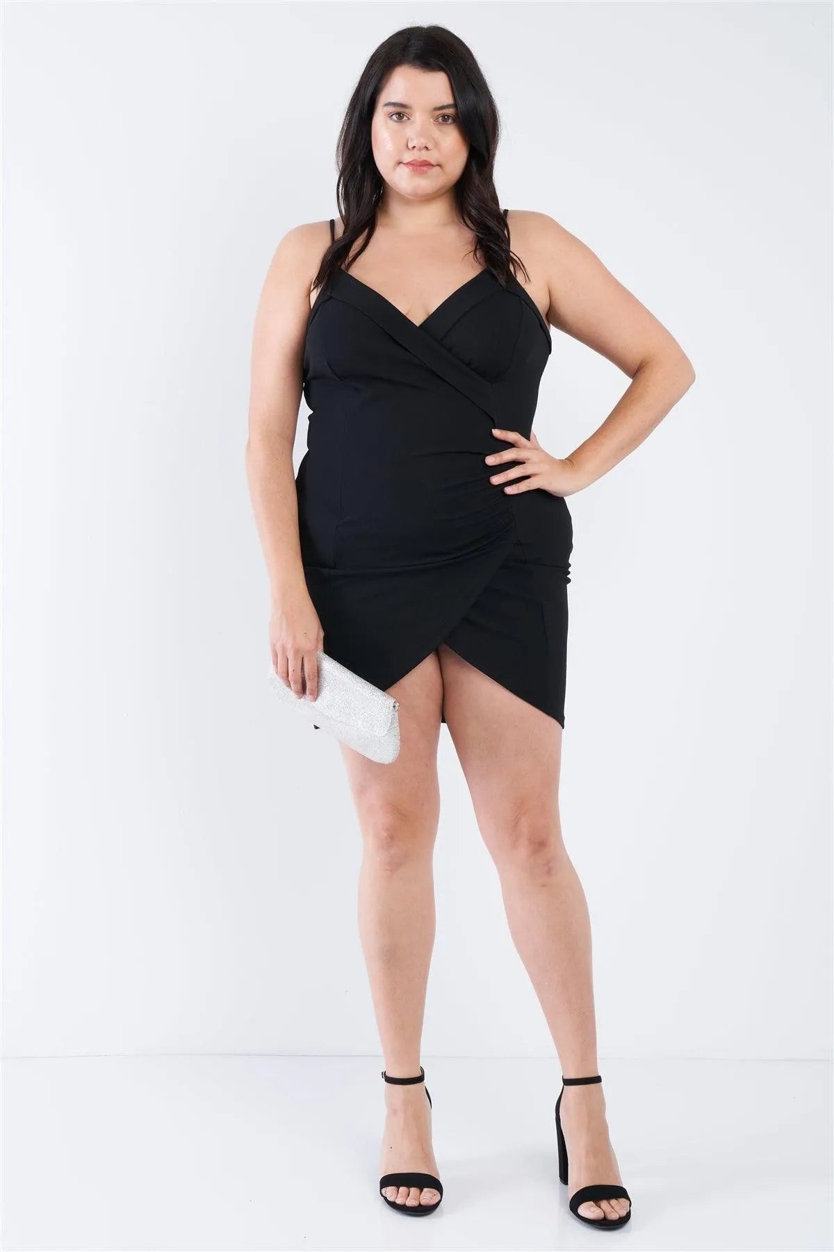 Junior Plus Size Black Wrap Front Ruched Bodycon Mini Dress /3-2-2 - Tasha Apparel Wholesale