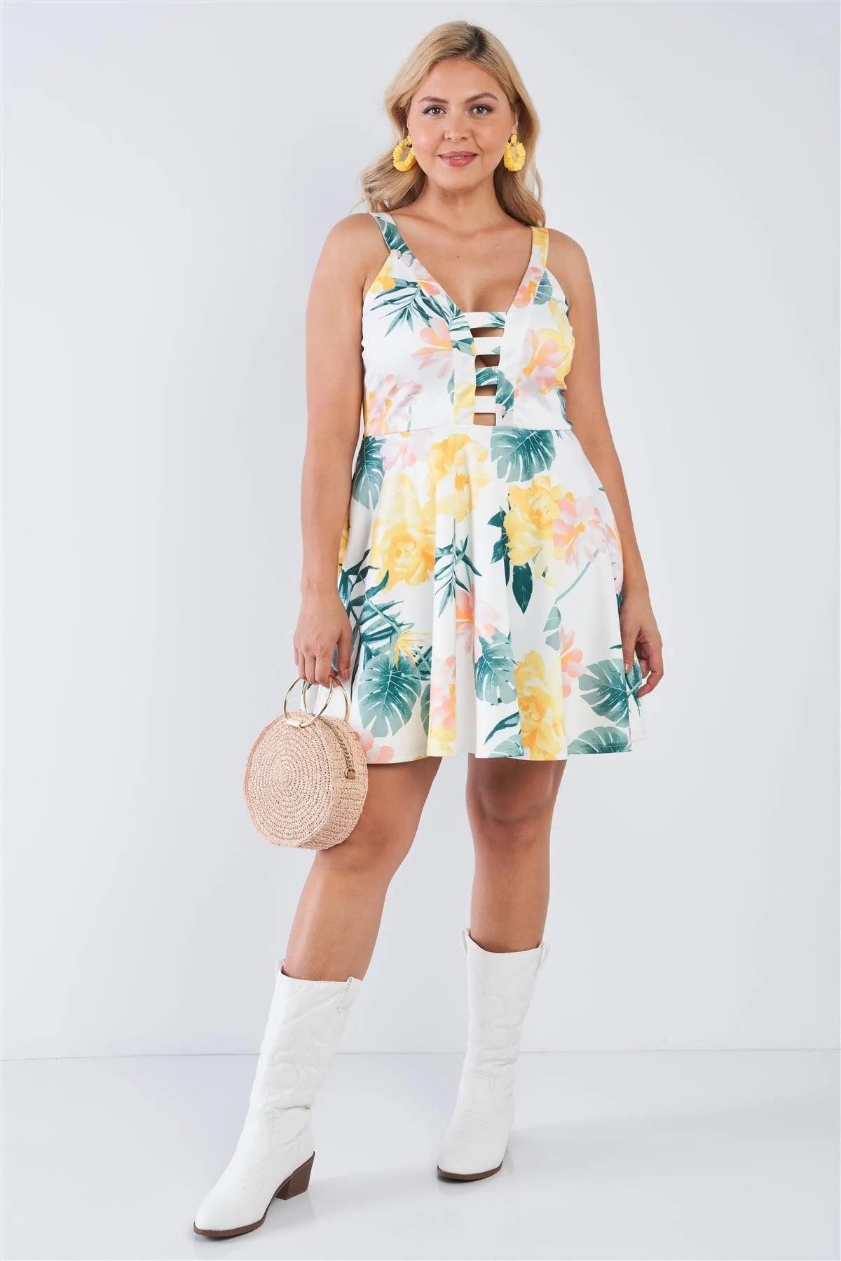 Junior Plus Size White Yellow Floral Print Caged Fit & Flare Mini Dress /2-1-1 - Tasha Apparel Wholesale