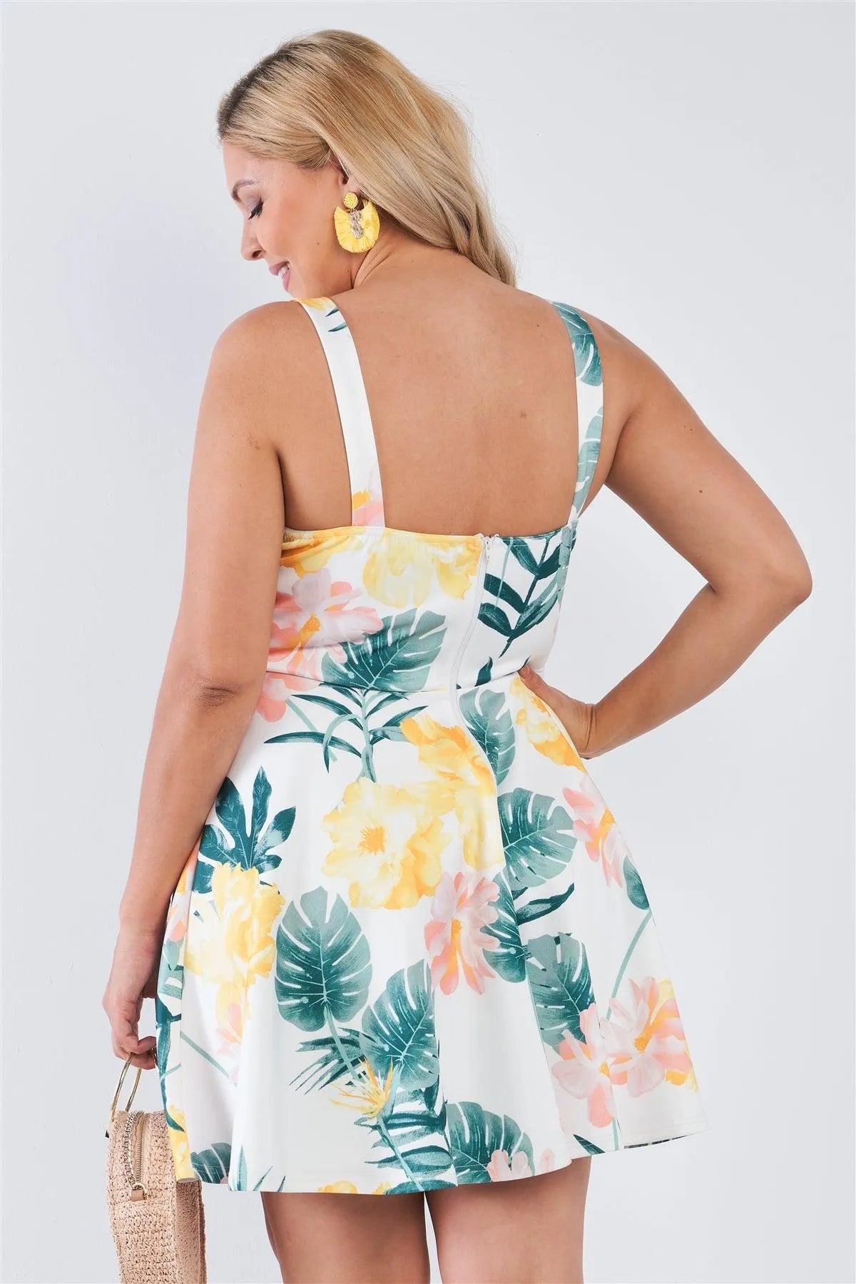 Junior Plus Size White Yellow Floral Print Caged Fit & Flare Mini Dress /2-2-2 - Tasha Apparel Wholesale