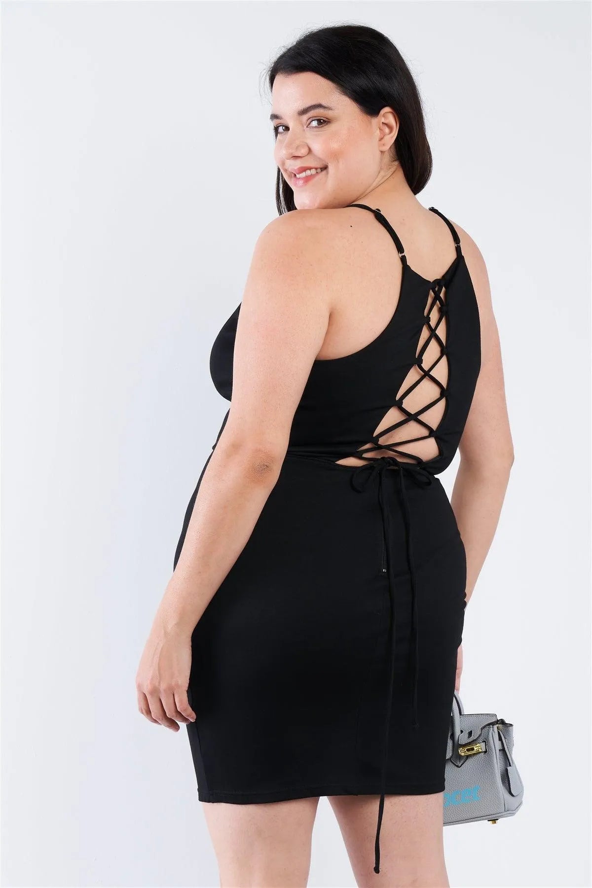 Junior Plus Size Black V-Neck Open Back Lace Up Mini Dress /3-2-2 - Tasha Apparel Wholesale