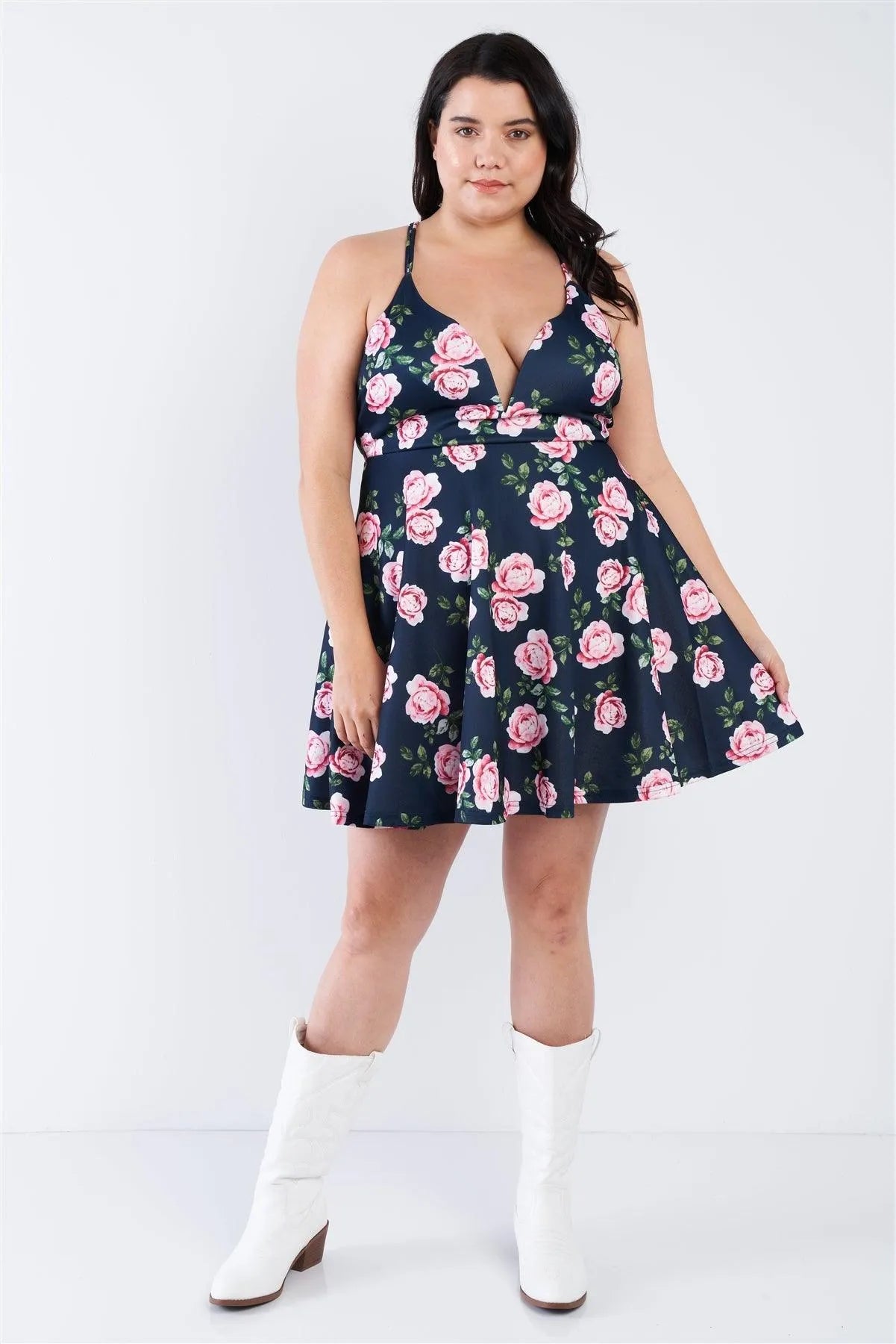 Junior Plus Size Navy V-Neck Floral Criss Cross Open Back Mini Dress - Tasha Apparel Wholesale