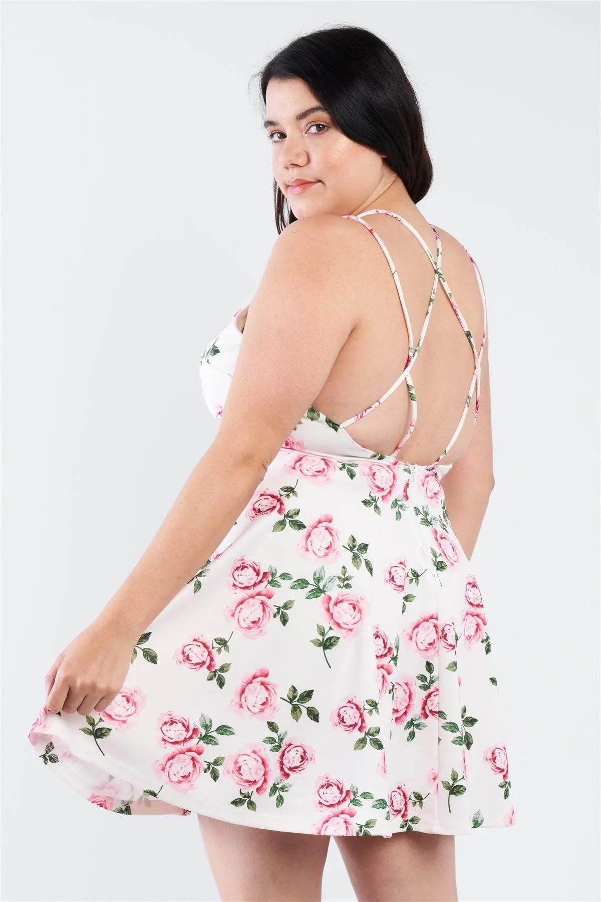 Junior Plus Size Off White V-Neck Floral Criss Cross Open Back Mini Dress - Tasha Apparel Wholesale