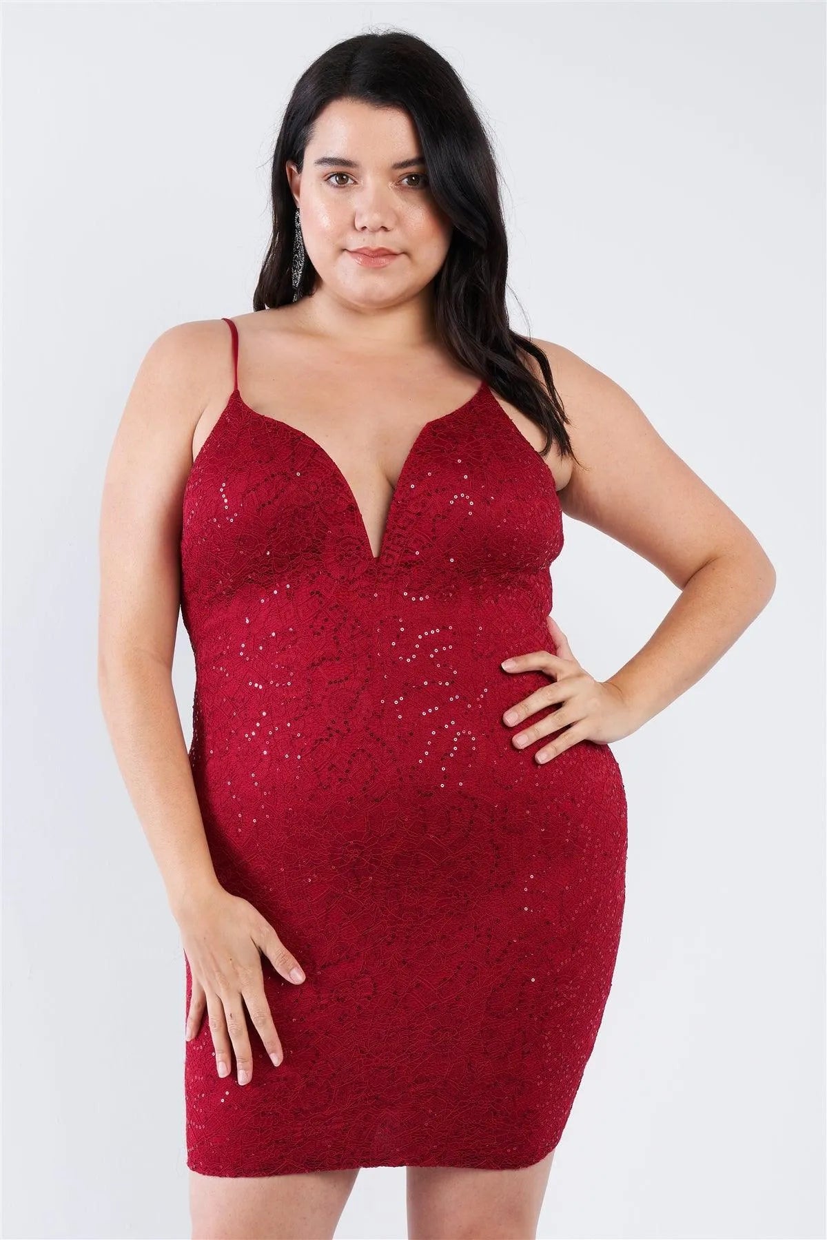 Junior Plus Size Burgundy Floral Lace Sequin Embellished Mini Dress /2-1-1 Junior Plus Size Burgundy Floral Lace Sequin Embellished Mini Dress /2-1-1