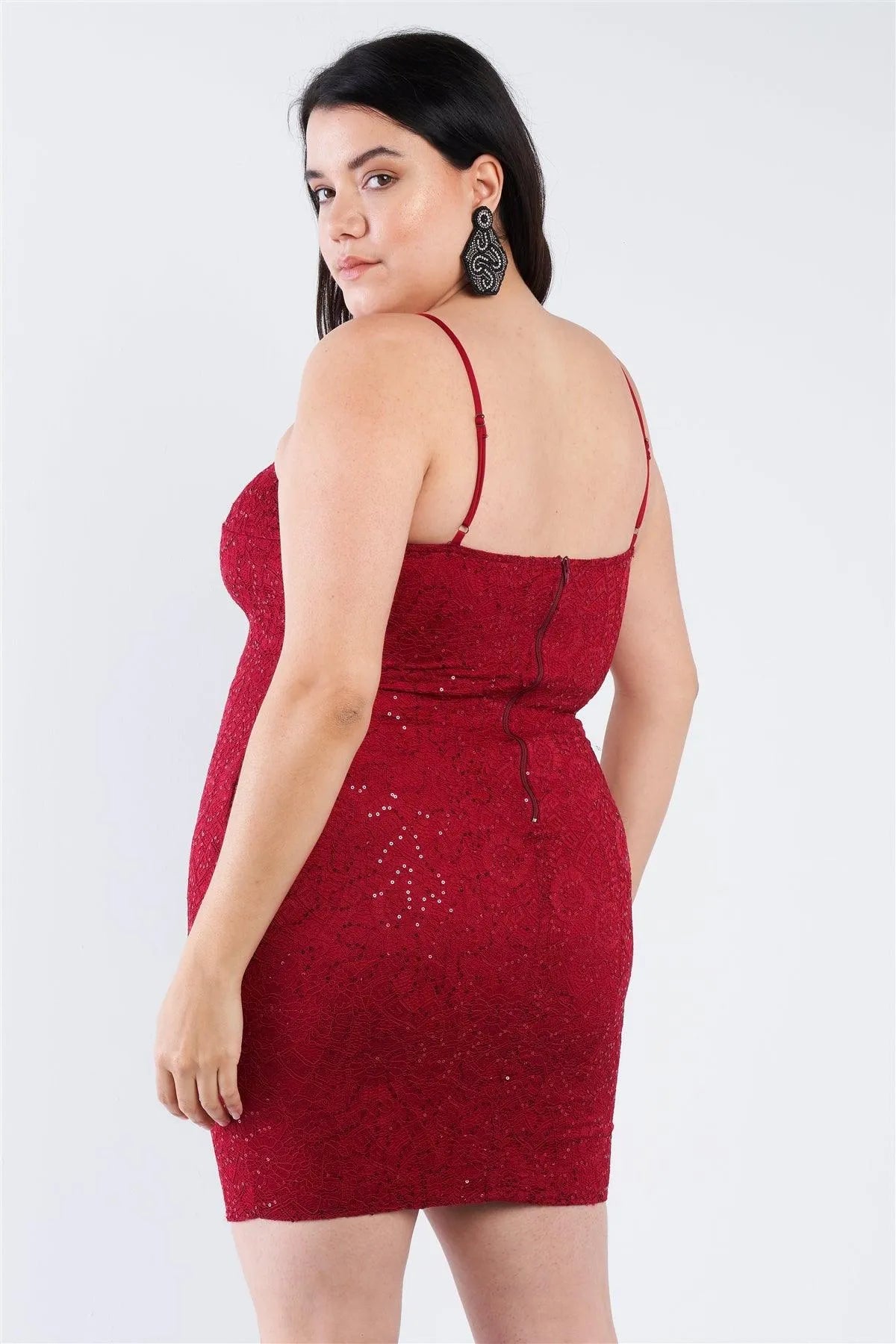 Junior Plus Size Burgundy Floral Lace Sequin Embellished Mini Dress /2-1-1 - Tasha Apparel Wholesale