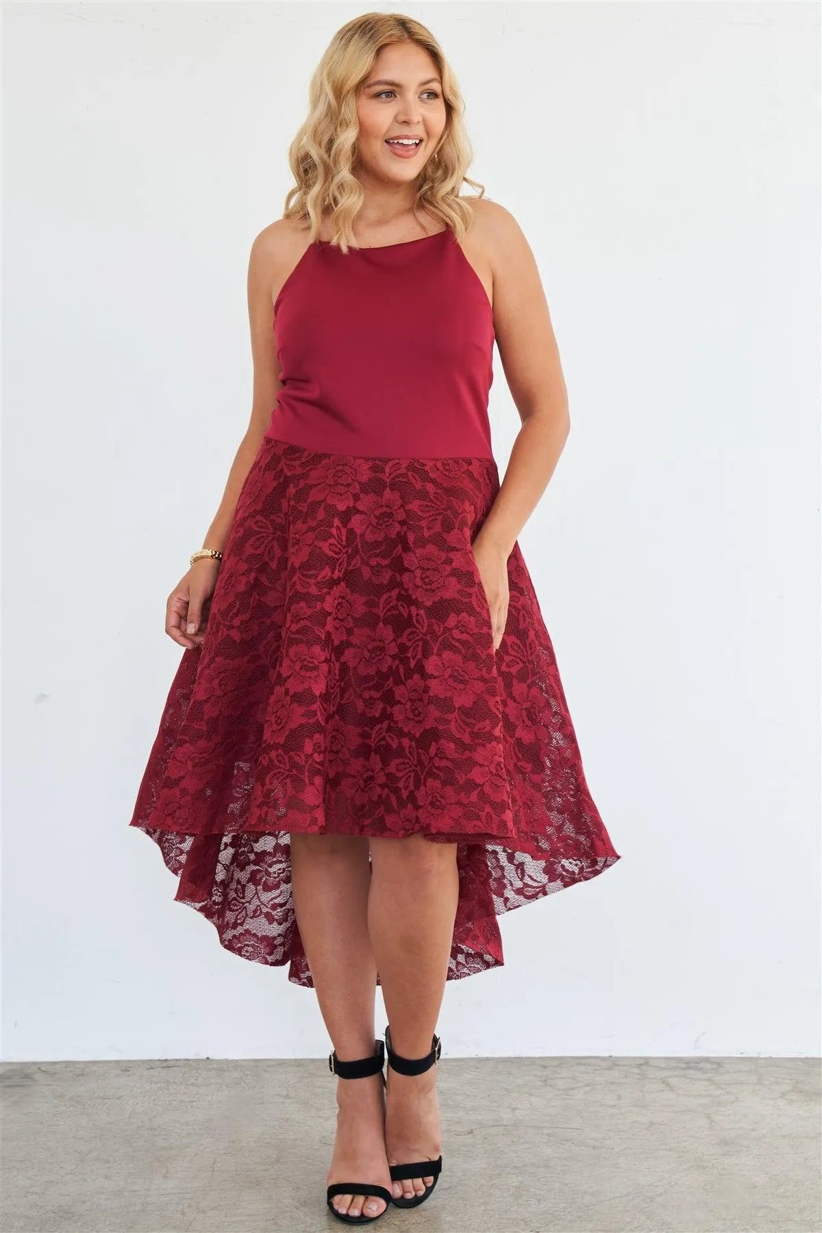 Junior Plus Size Cabernet Square Neckline Hi-Low Floral Lace Maxi Dress /1-2-2-1 - Tasha Apparel Wholesale