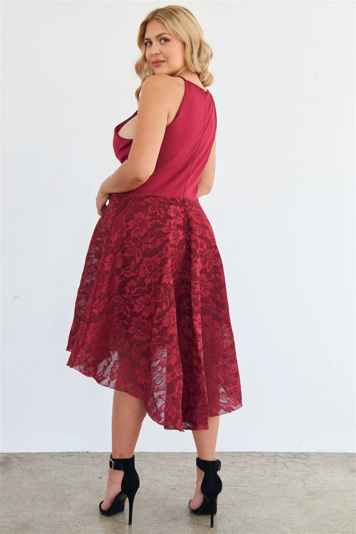 Junior Plus Size Cabernet Square Neckline Hi-Low Floral Lace Maxi Dress /2-2-2-1 - Tasha Apparel Wholesale