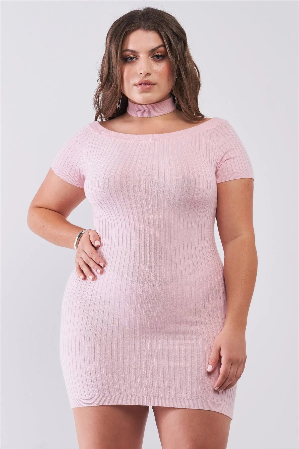 Junior Plus Size RosÈ Short Sleeve Ribbed Knit Halter Neck Zip-Up Back Mini Dress /2-2-2 - Tasha Apparel Wholesale