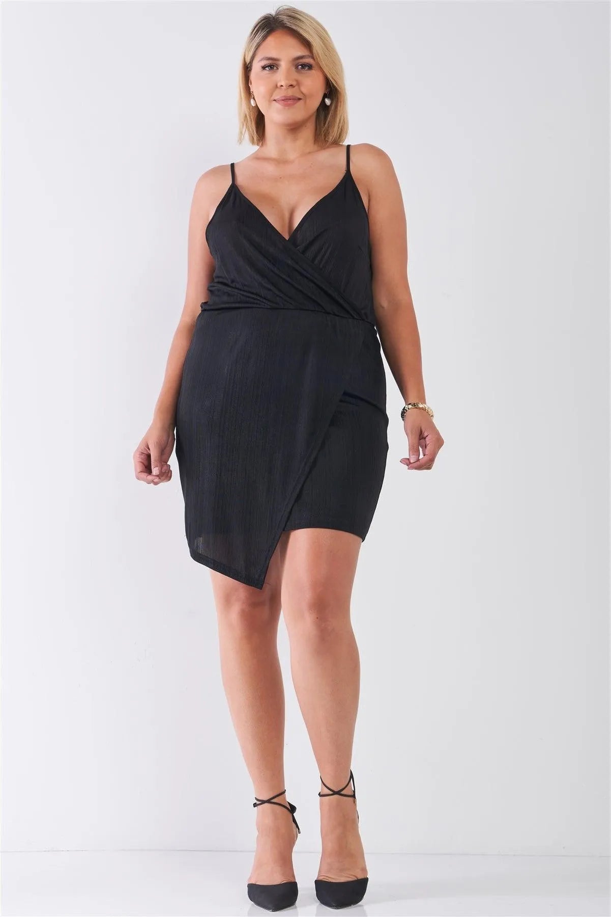 Junior Plus Size Black Surplice Neckline Cami Mini Dress / 2-2-2 - Tasha Apparel Wholesale