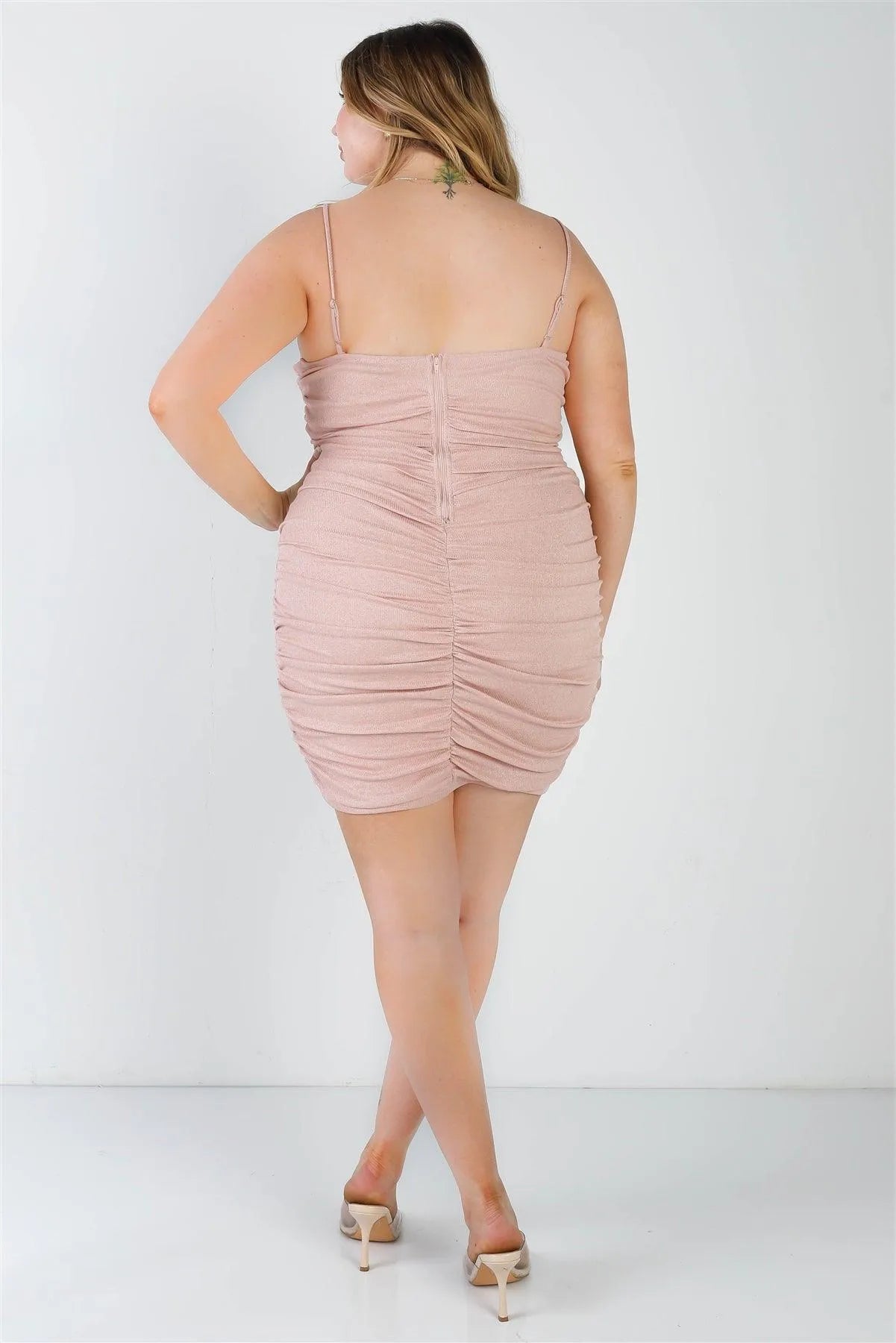 Junior Plus Pink Lurex Ruched Mini Dress /3-1-2 - Tasha Apparel Wholesale