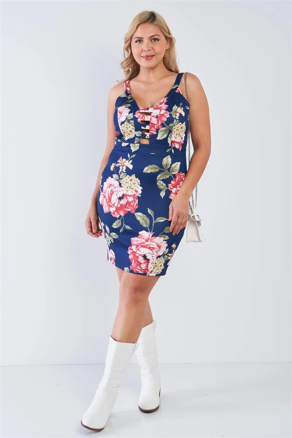 Junior Plus Size Navy Floral V-Neck Strap Front Bodycon Mini Dress /2-2-2 - Tasha Apparel Wholesale
