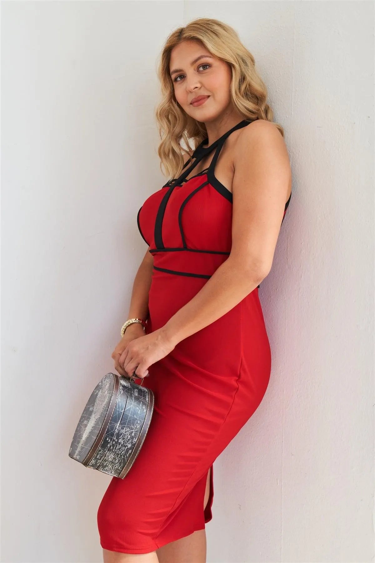 Junior Plus Size Barbados Cherry Cage Halter Neck Bodycon Midi Dress /2-2-2-1 - Tasha Apparel Wholesale