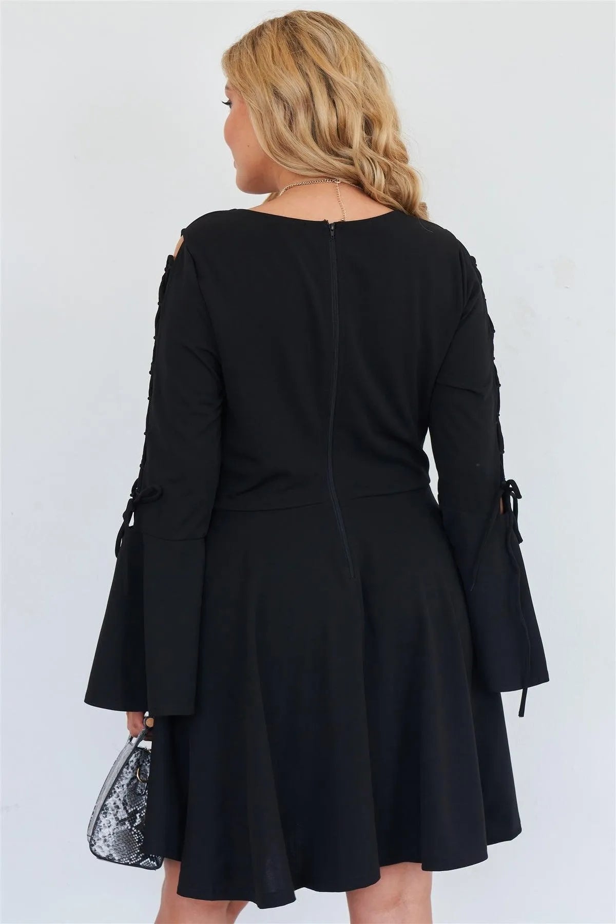Junior Plus Size Black Lace Up Detail Bell Sleeve Dress /2-2-2-1 - Tasha Apparel Wholesale