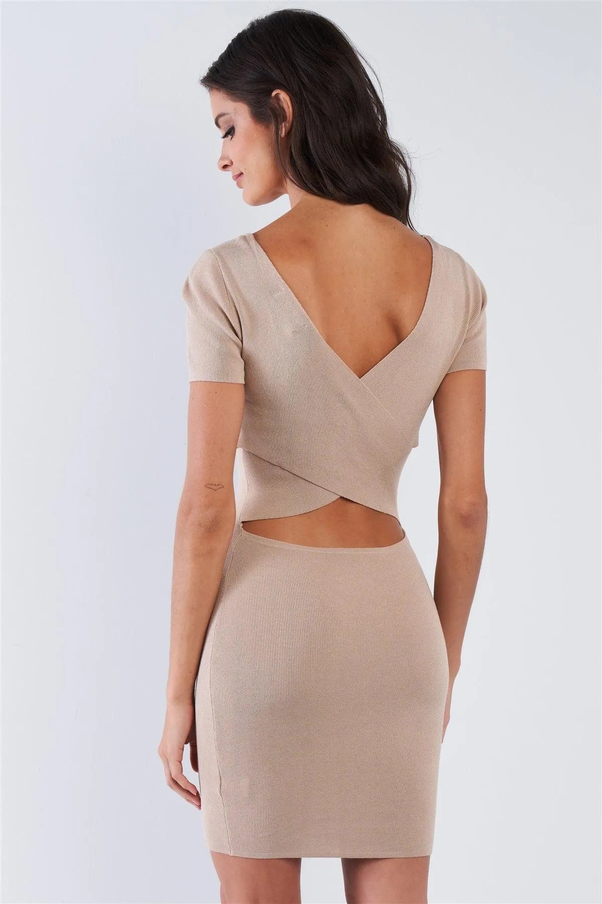 Light Taupe Short Sleeve Bandage Body-con Criss Cross Back Mini Dress /3-3 - Tasha Apparel Wholesale
