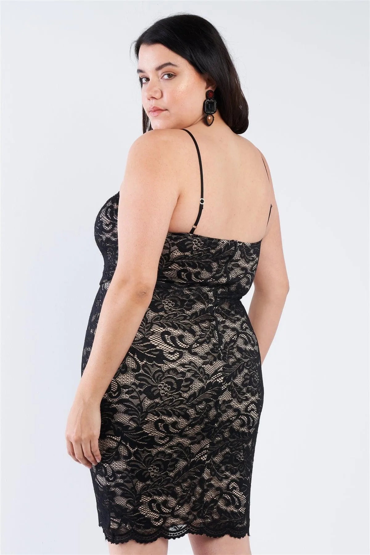 Junior Plus Size Black Floral Lace Bodycon Mini Dress /3-2-2 - Tasha Apparel Wholesale