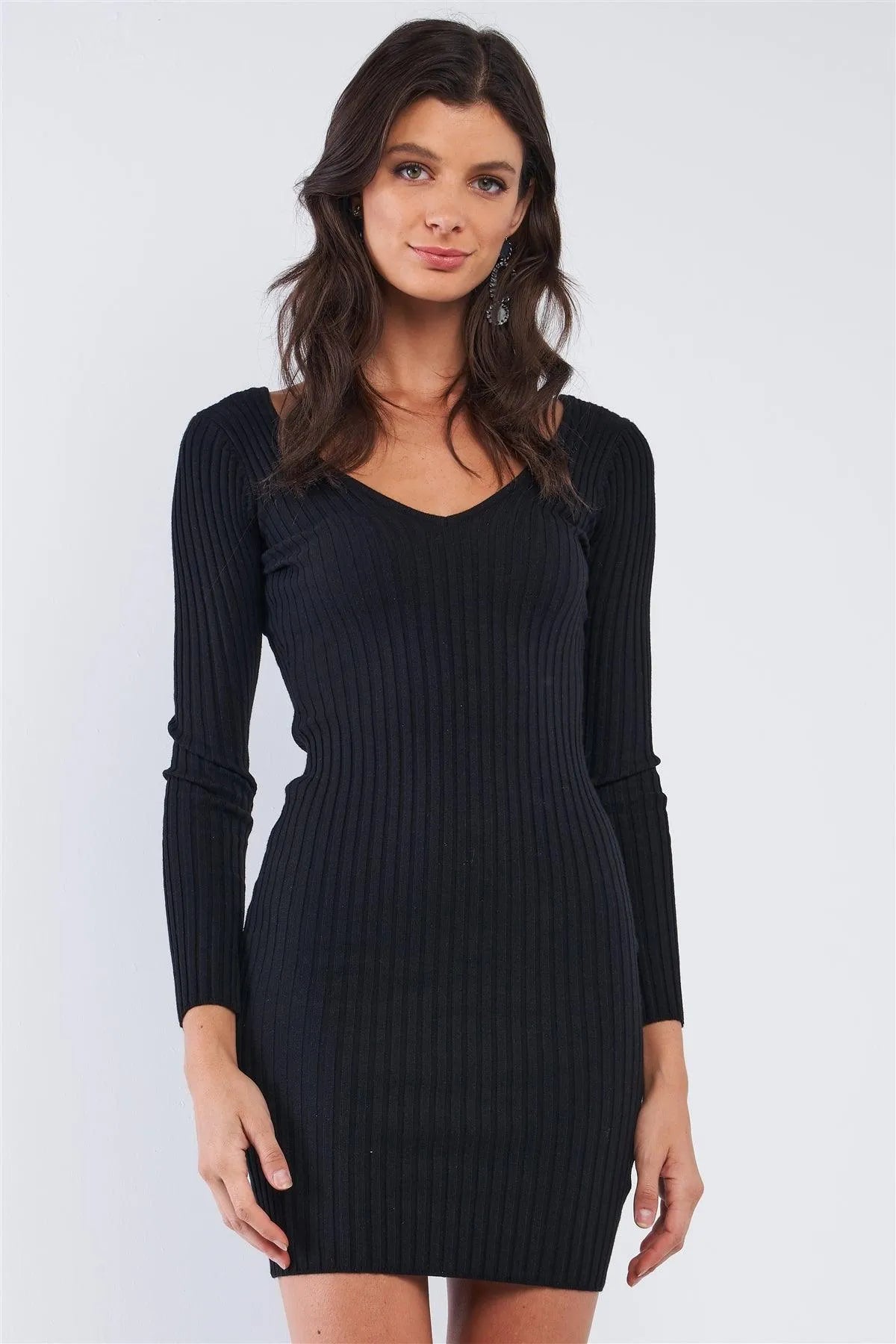Black V-Neck Long Sleeve Ribbed Knit Sweater Mini Dress /3-3 - Tasha Apparel Wholesale