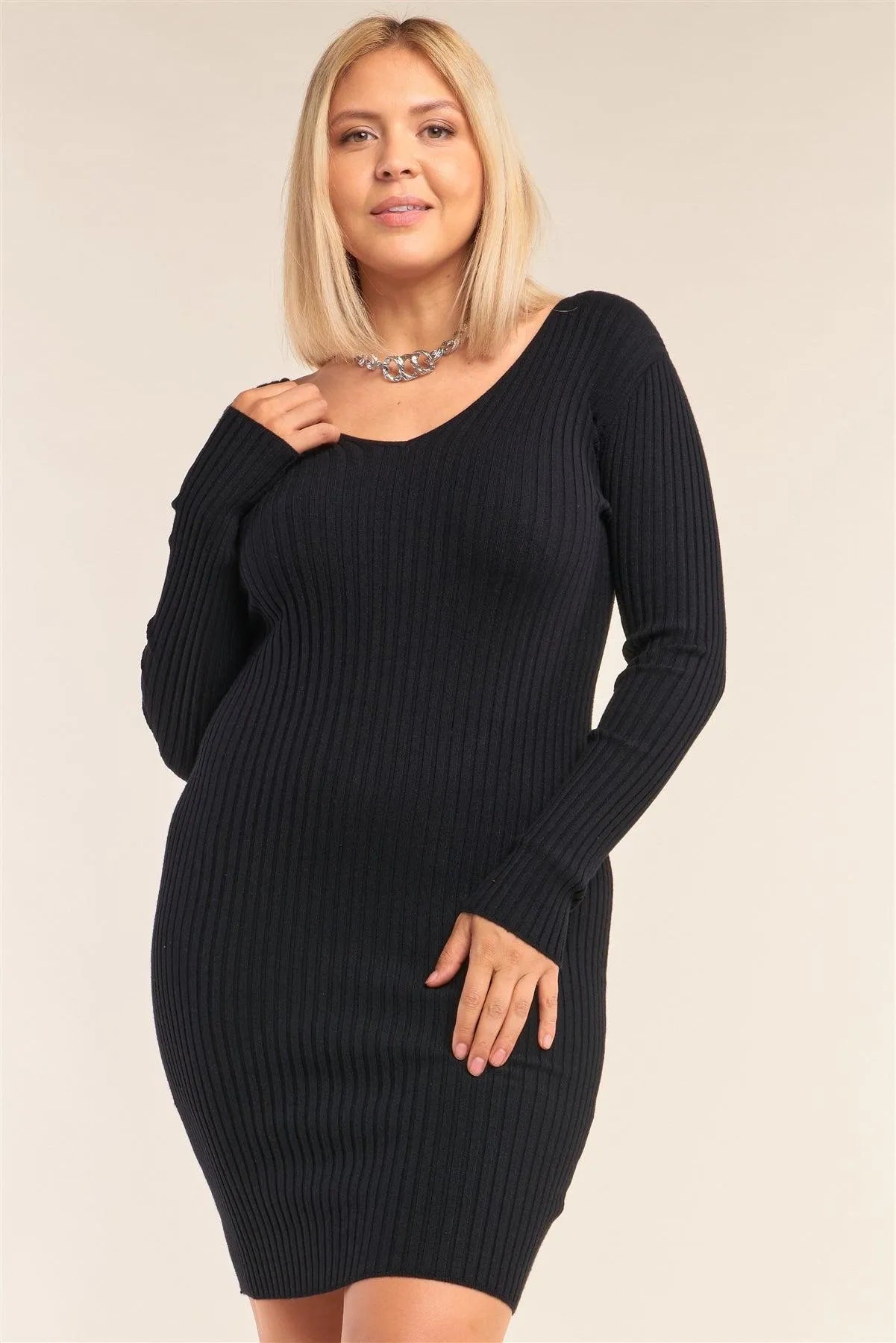 Junior Plus Size Black V-Neck Long Sleeve Ribbed Sweater Bodycon Mini Dress /3-2 - Tasha Apparel Wholesale