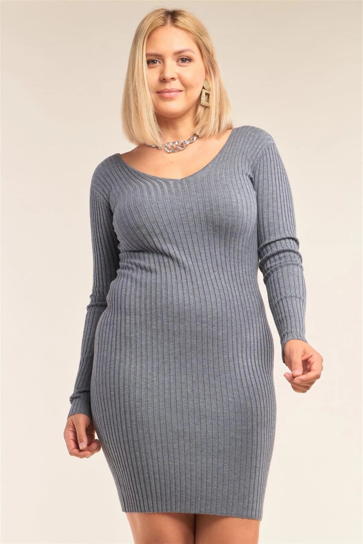 Junior Plus Size Heather Grey V-Neck Long Sleeve Ribbed Sweater Bodycon Mini Dress /4-3 - Tasha Apparel Wholesale